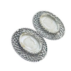 WHITING & DAVIS signed silver carved cameo glass designer clip on earrings