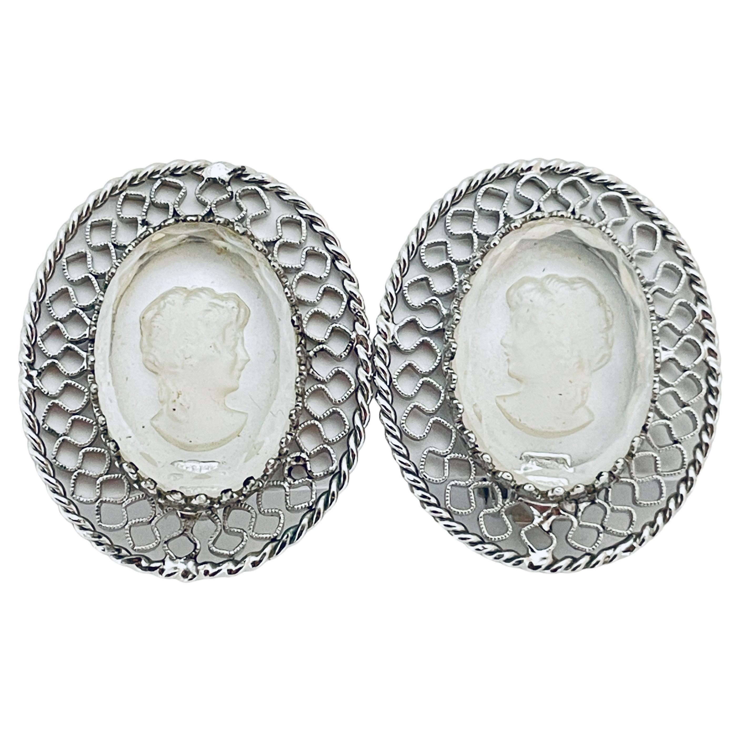 WHITING & DAVIS signed silver carved cameo glass designer clip on earrings For Sale