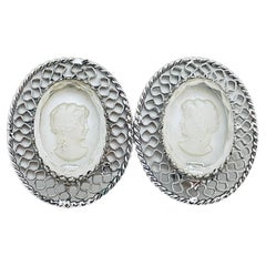 WHITING & DAVIS signed silver carved cameo glass designer clip on earrings