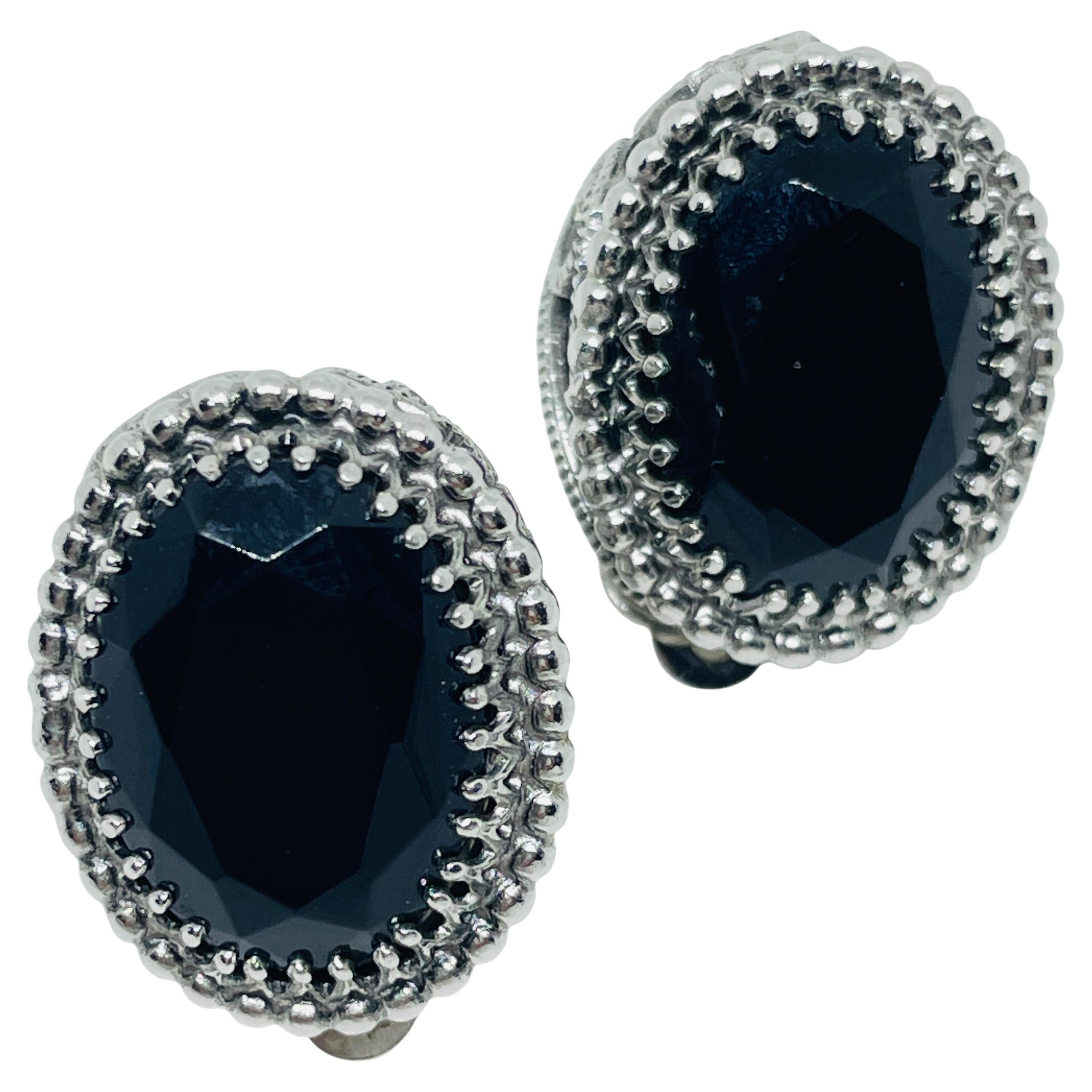 WHITING DAVIS signiert Silber Ton Jahrgang schwarz Glas Designer Clip auf Ohrringe