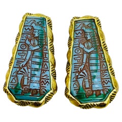 WHITING & DAVIS signed vintage Egyptian pharaoh glass designer clip on earrings