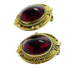 WHITING DAVIS signed vintage gold ruby red glass designer clip on earrings