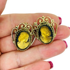 WHITING & DAVIS signiert Vintage Gold Ton Kamee Glas Designer Clip Ohrringe