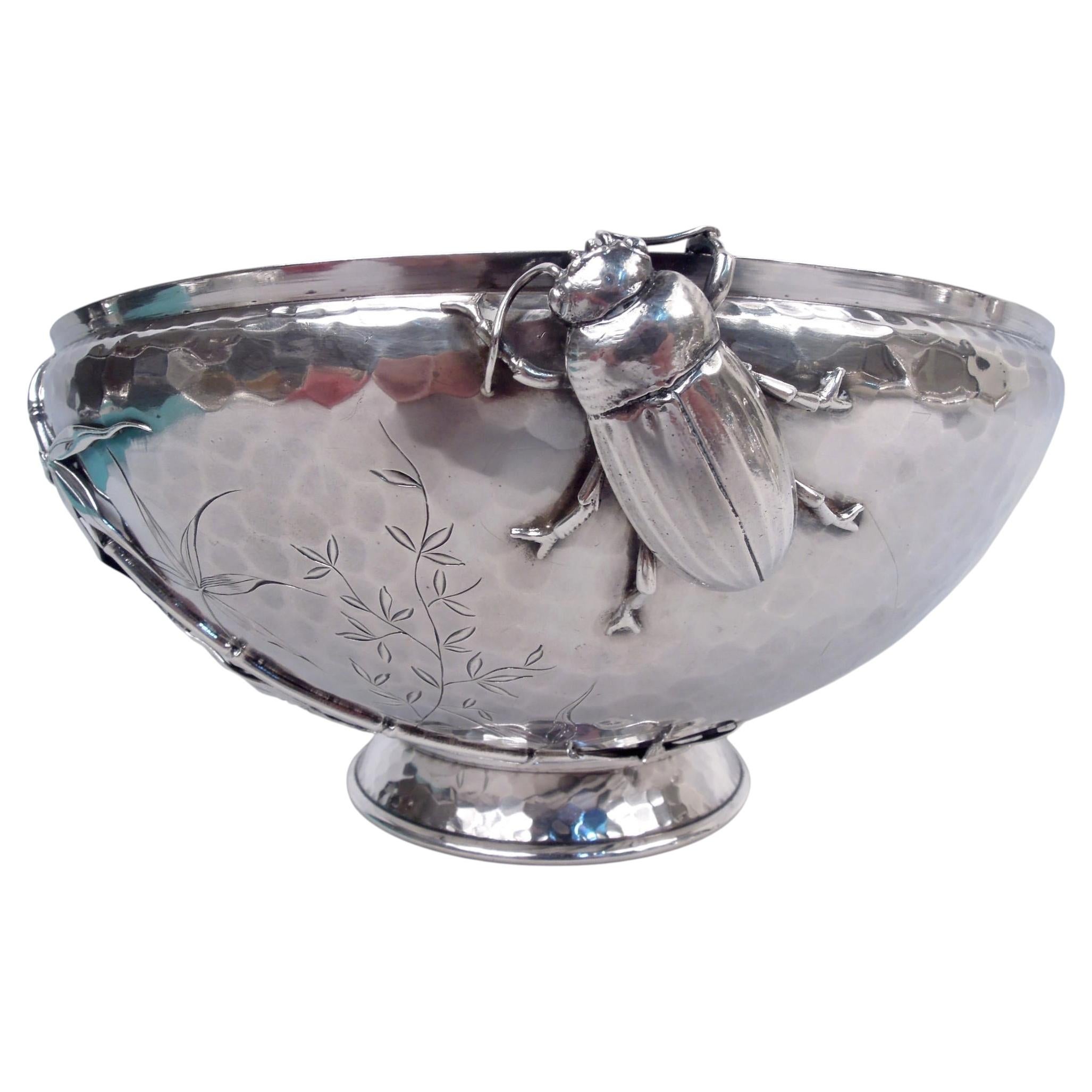 Whiting Japonesque Hand-Hammered Bowl Applied with Bamboo & Beetle Bug For Sale