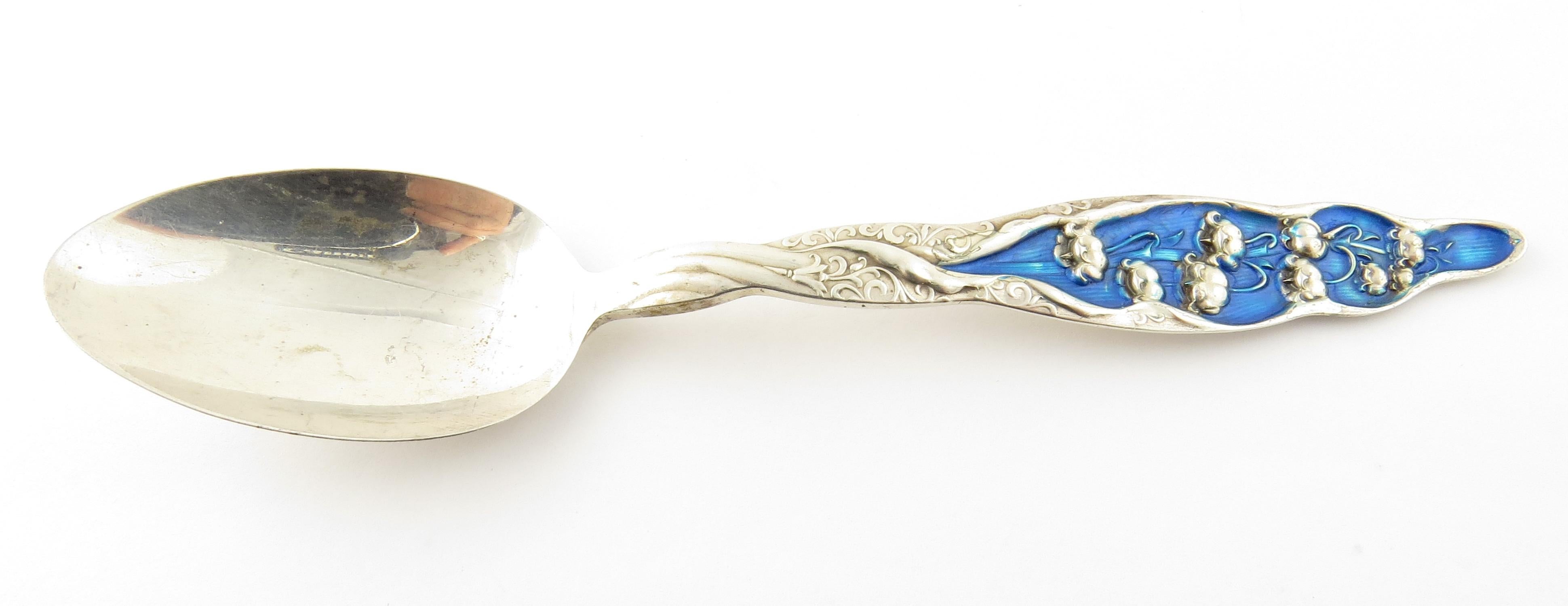 Whiting Lily of the Valley 1885 sterling silver tapered end enamel teaspoon. This is a superb whiting sterling silver teaspoon, Lily of the Valley pattern #1885 with tapered end, enameled handle. Measures: Approx 5 7/8 inches long. Spoon measures
