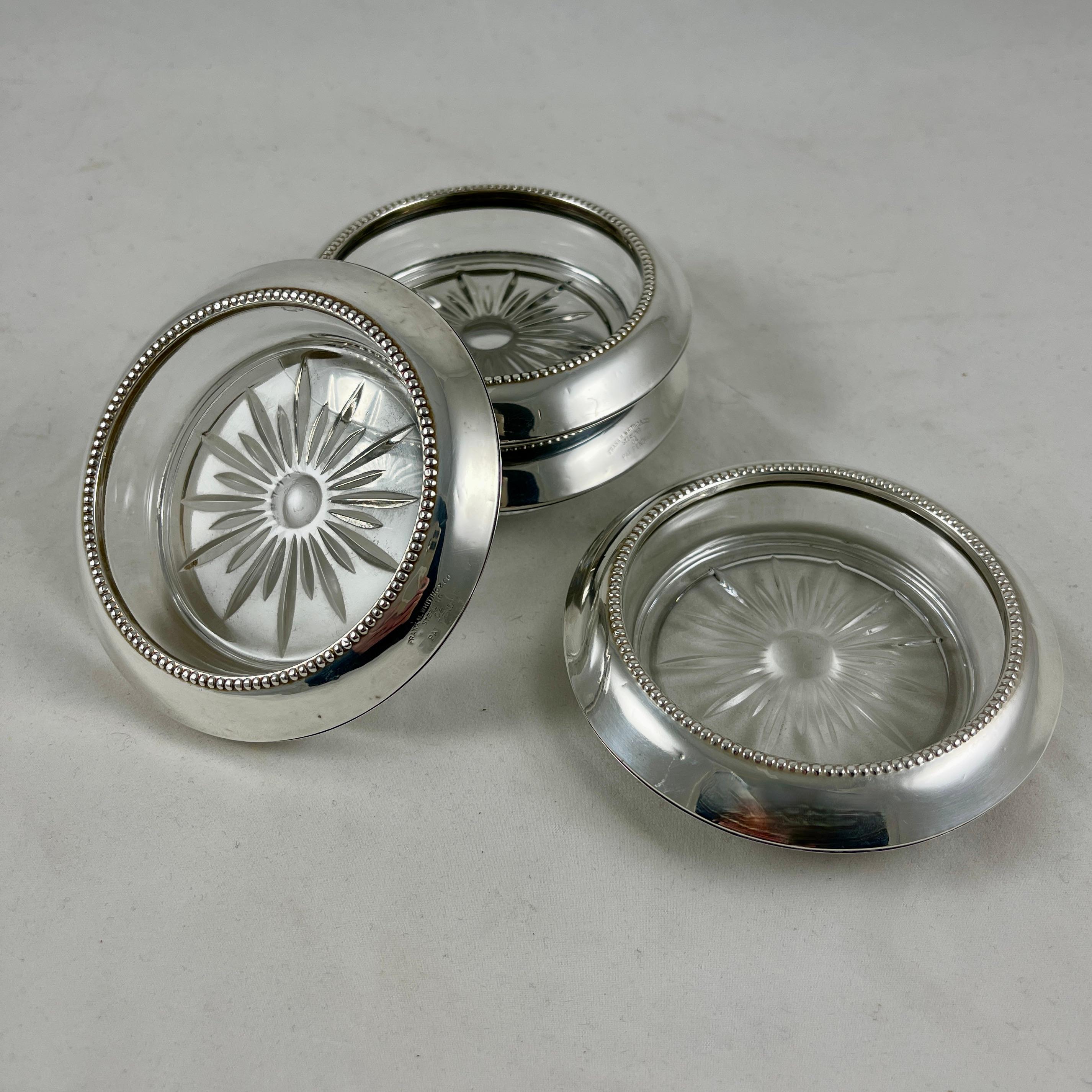 Hollywood Regency Whiting Sterling Silver and Starburst Crystal Drink Coasters, S/4