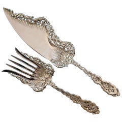 Whiting Sterling Silver Fish Serving Set Hand Cast Pierced with Flowers
