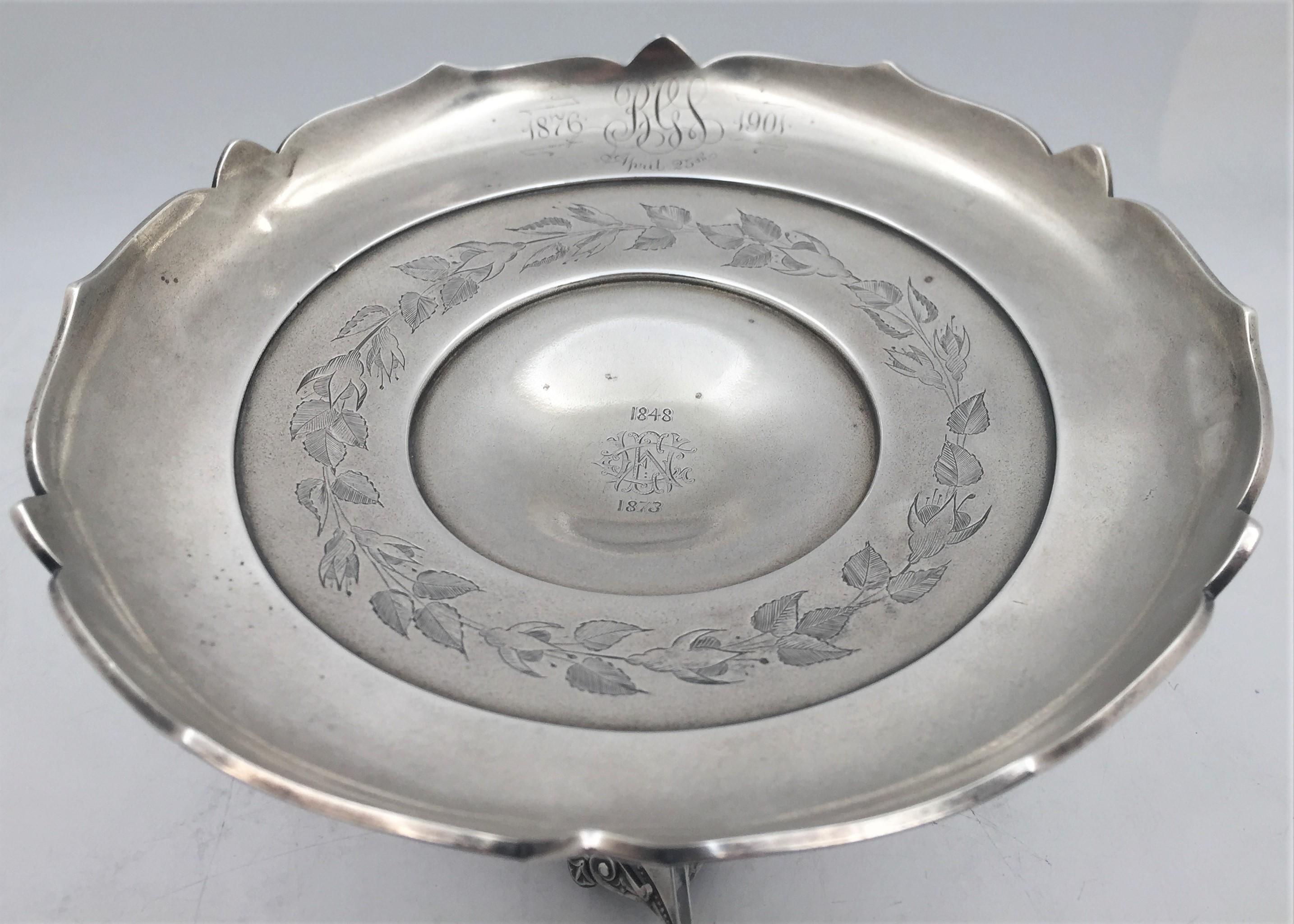 Whiting, sterling silver centerpiece stand from the late 19th century with exquisite engravings at the top, a reticulated rim as well as highly decorative, ornamental motifs adorning the stem and 3 feet. It measures 10'' in diameter by 8 7/8'' in