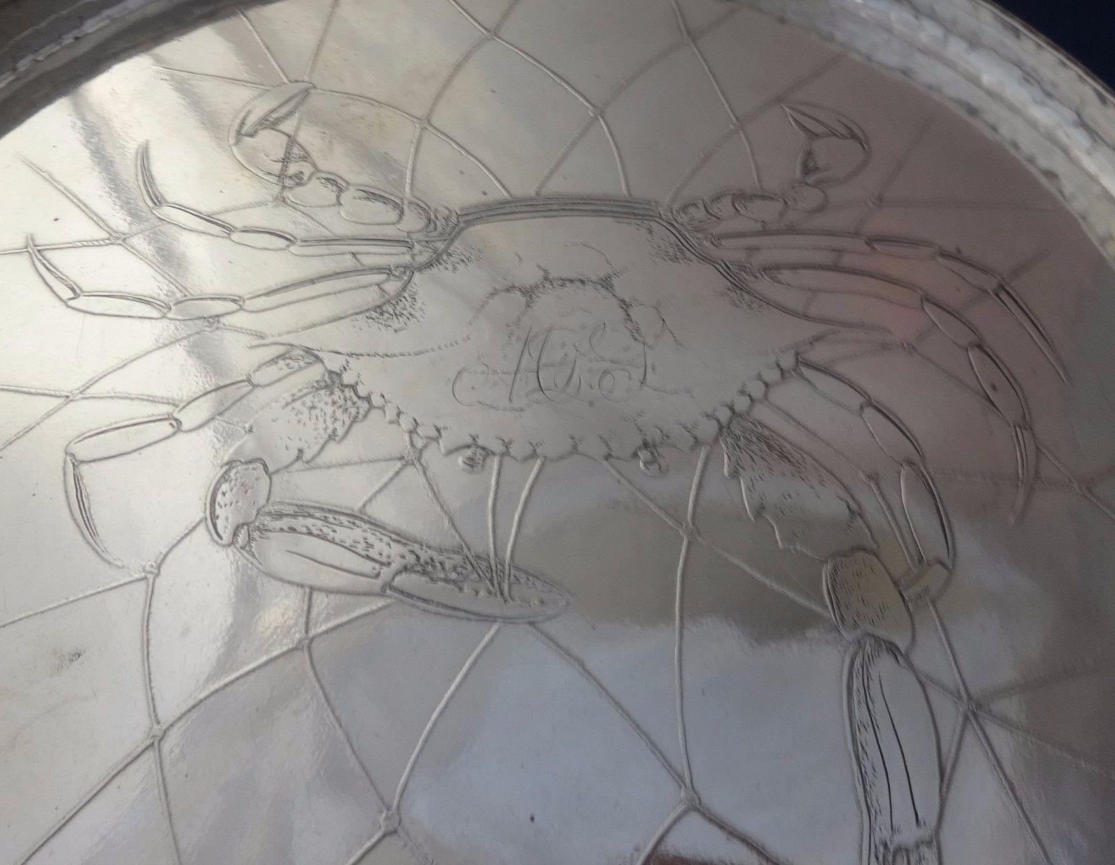 Whiting Sterling Silver Salver Tray with Acid Etched Crab in Net In Excellent Condition For Sale In Big Bend, WI