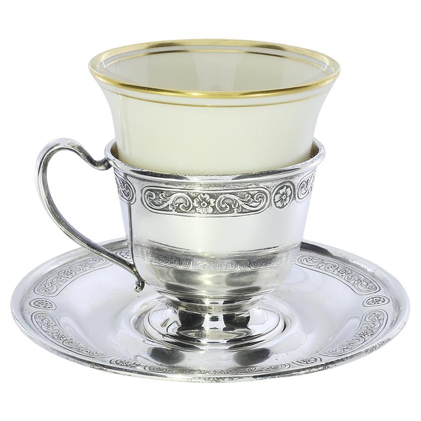 Whiting Sterling Silver Set of 4 Demitasse Tea Cups with Saucers For Sale