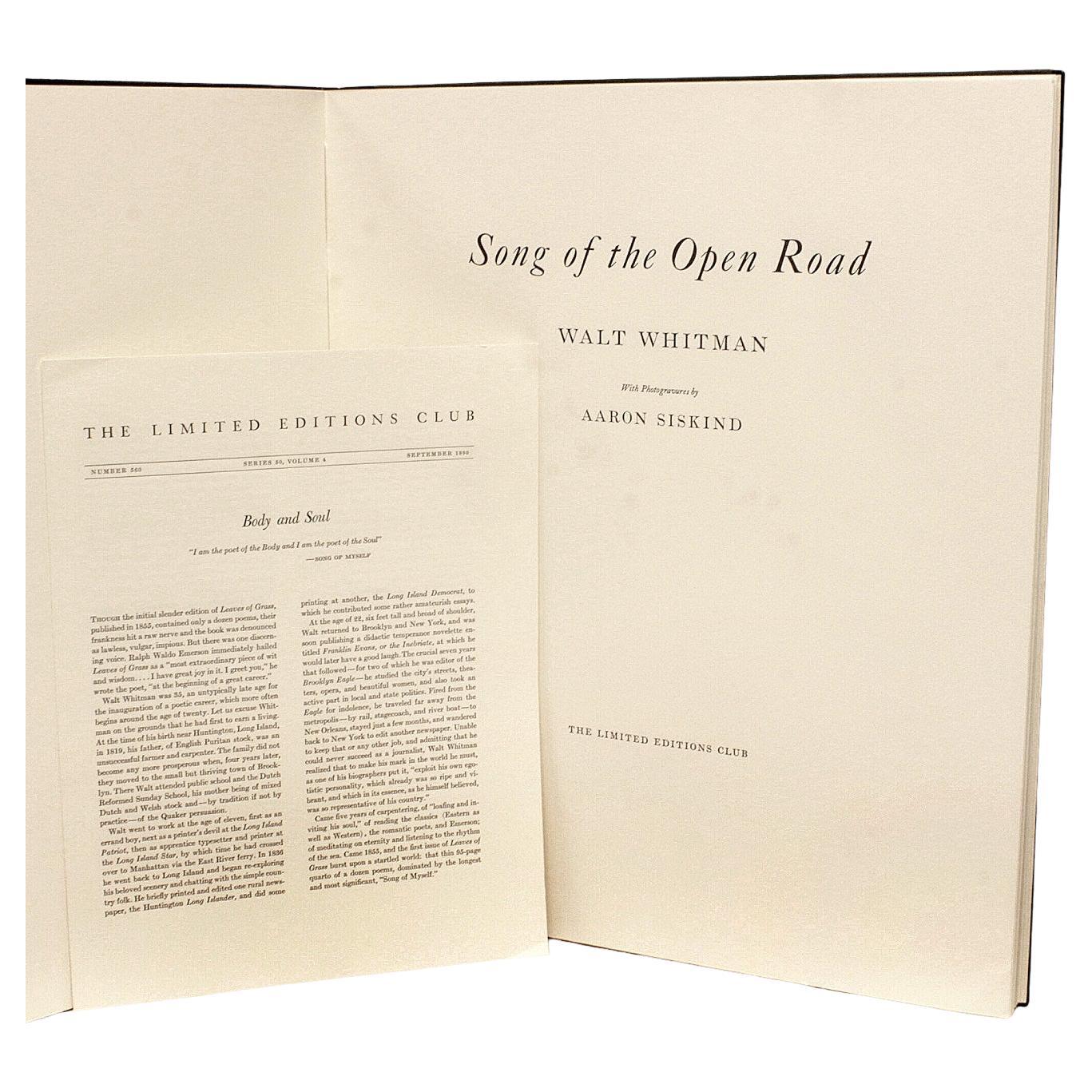 Whitman, Walt, Song of the Open Road, Limited Editions Club, Signed, 1990