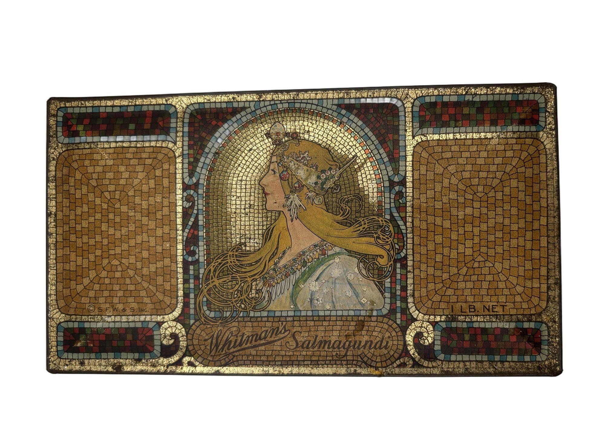 Whitman's Salmagundi Chocolats Style Mucha Art Nouveau Boîte en métal doré en vente 1