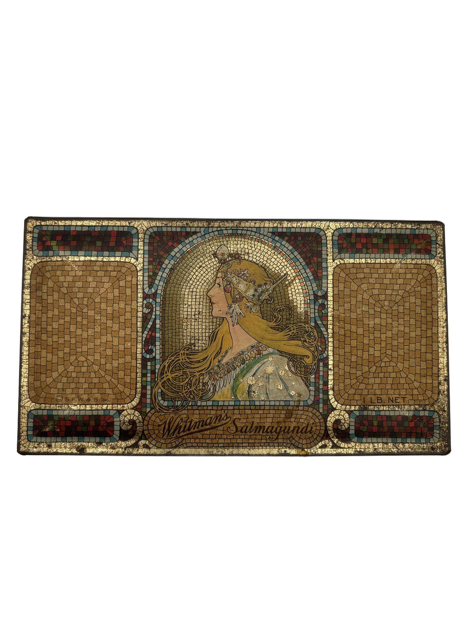 Whitman's Salmagundi Chocolats Style Mucha Art Nouveau Boîte en métal doré en vente 2