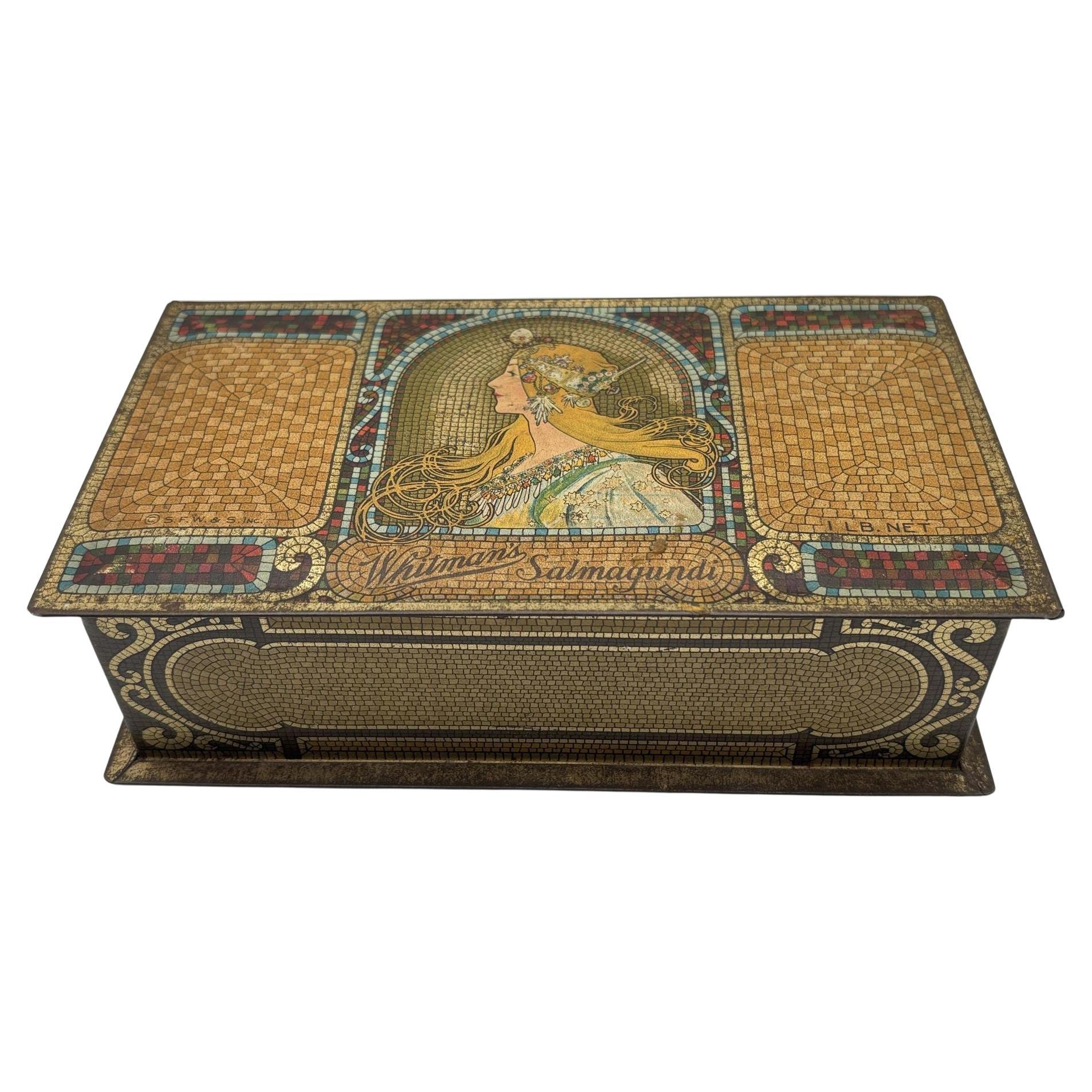 Whitman
s Salmagundi Chocolats Style Mucha Art Nouveau Boîte en métal doré