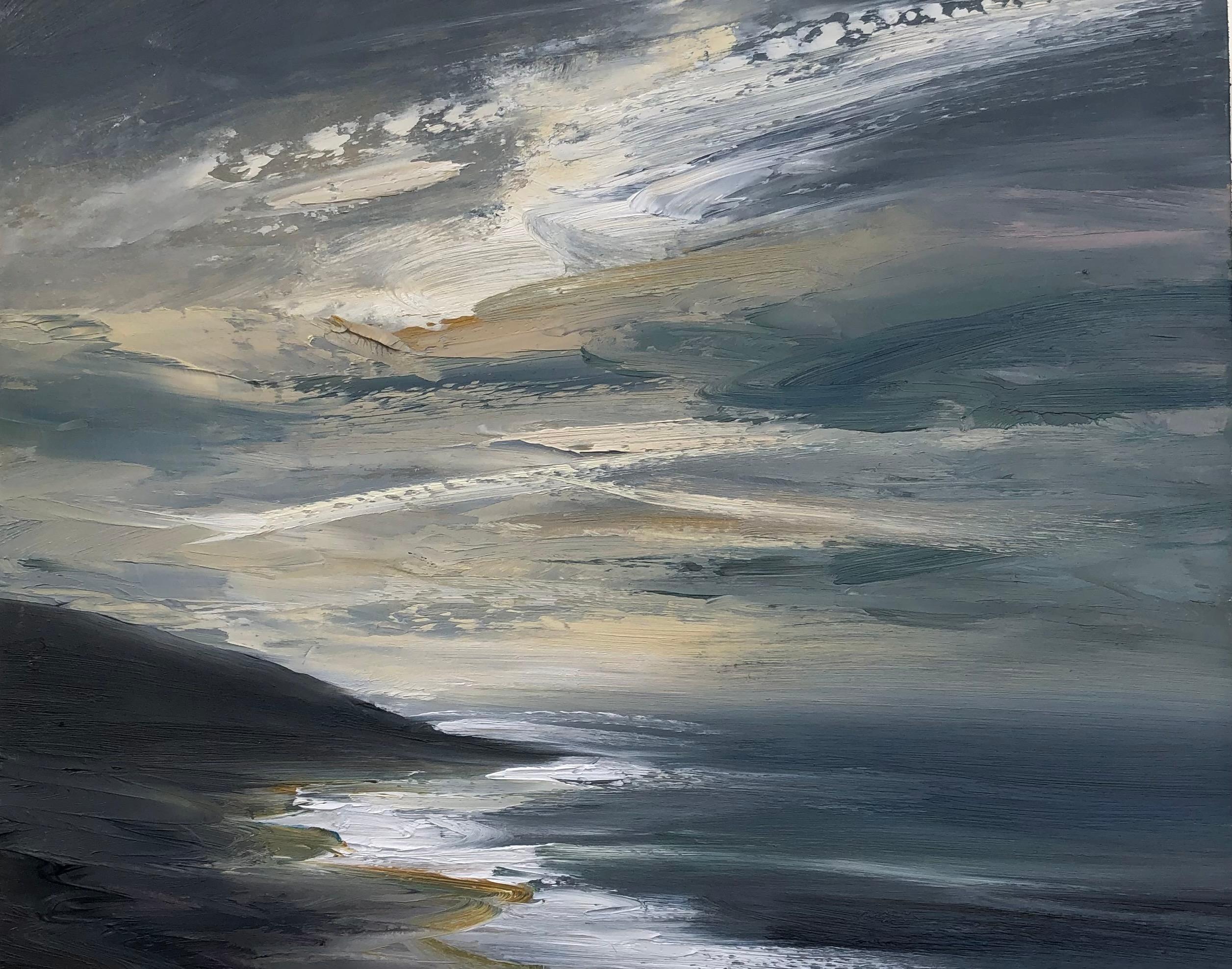 Whitney Knapp Landscape Painting - "Illuminated Cove" small scale oil painting seascape at dusk with clouds
