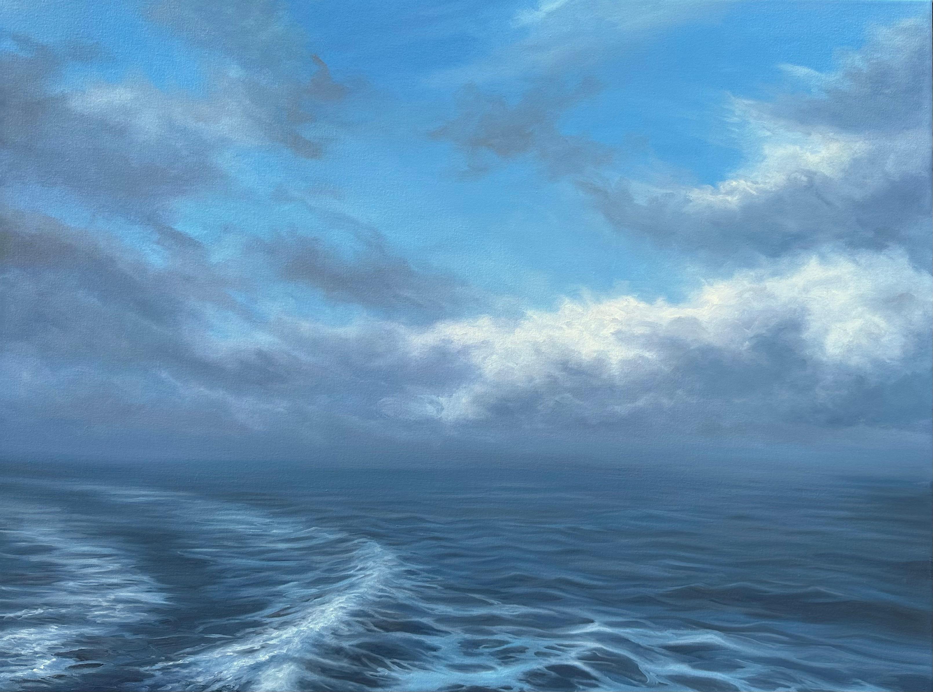 "Into the Mystic", a landscape oil painting featuring an ethereal sky and shore