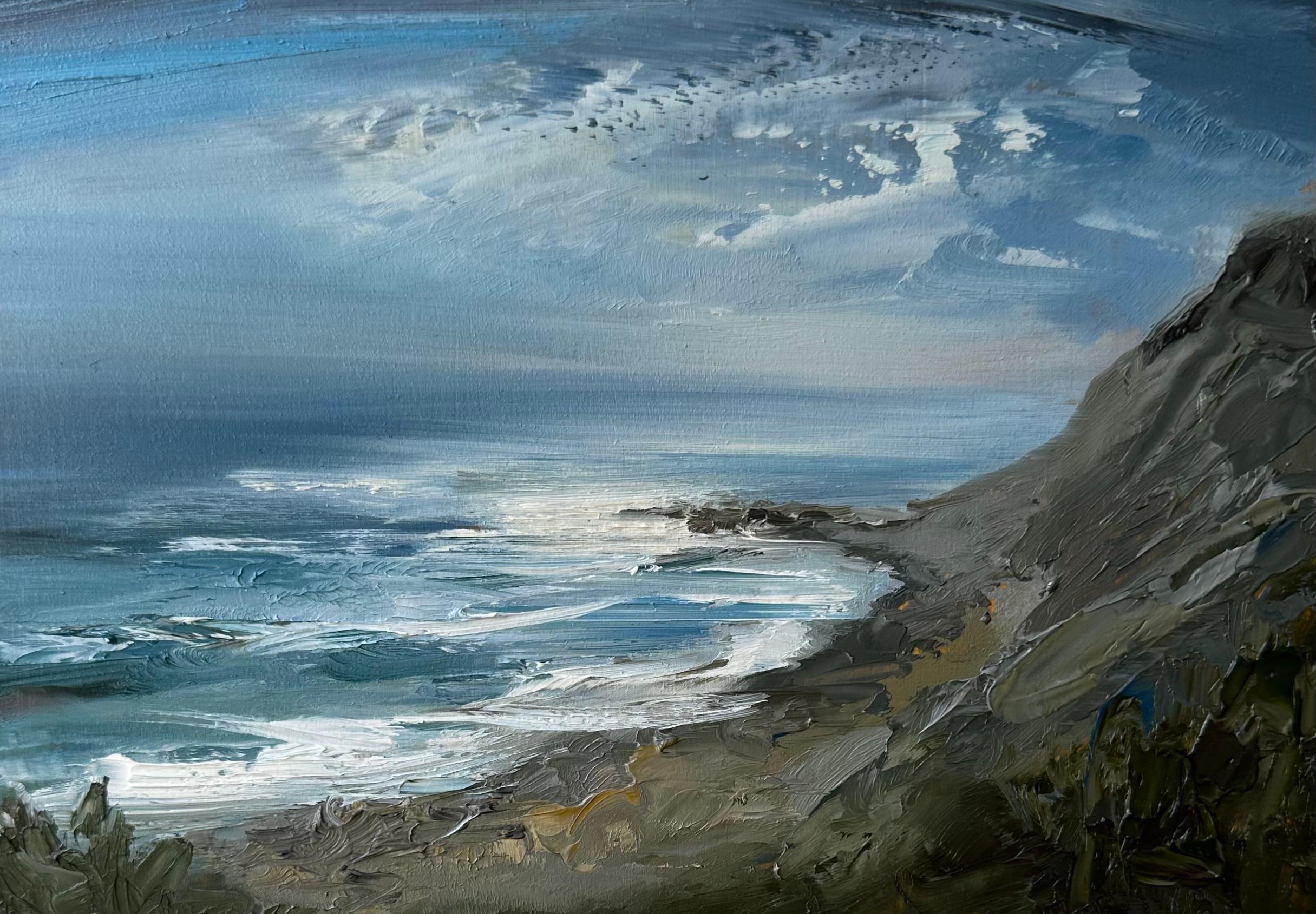 Landscape Painting Whitney Knapp - "Moonlit Bluff", une peinture à l'huile de paysage avec une vue pittoresque du rivage.