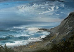 "Moonlit Bluff", une peinture à l'huile de paysage avec une vue pittoresque du rivage.