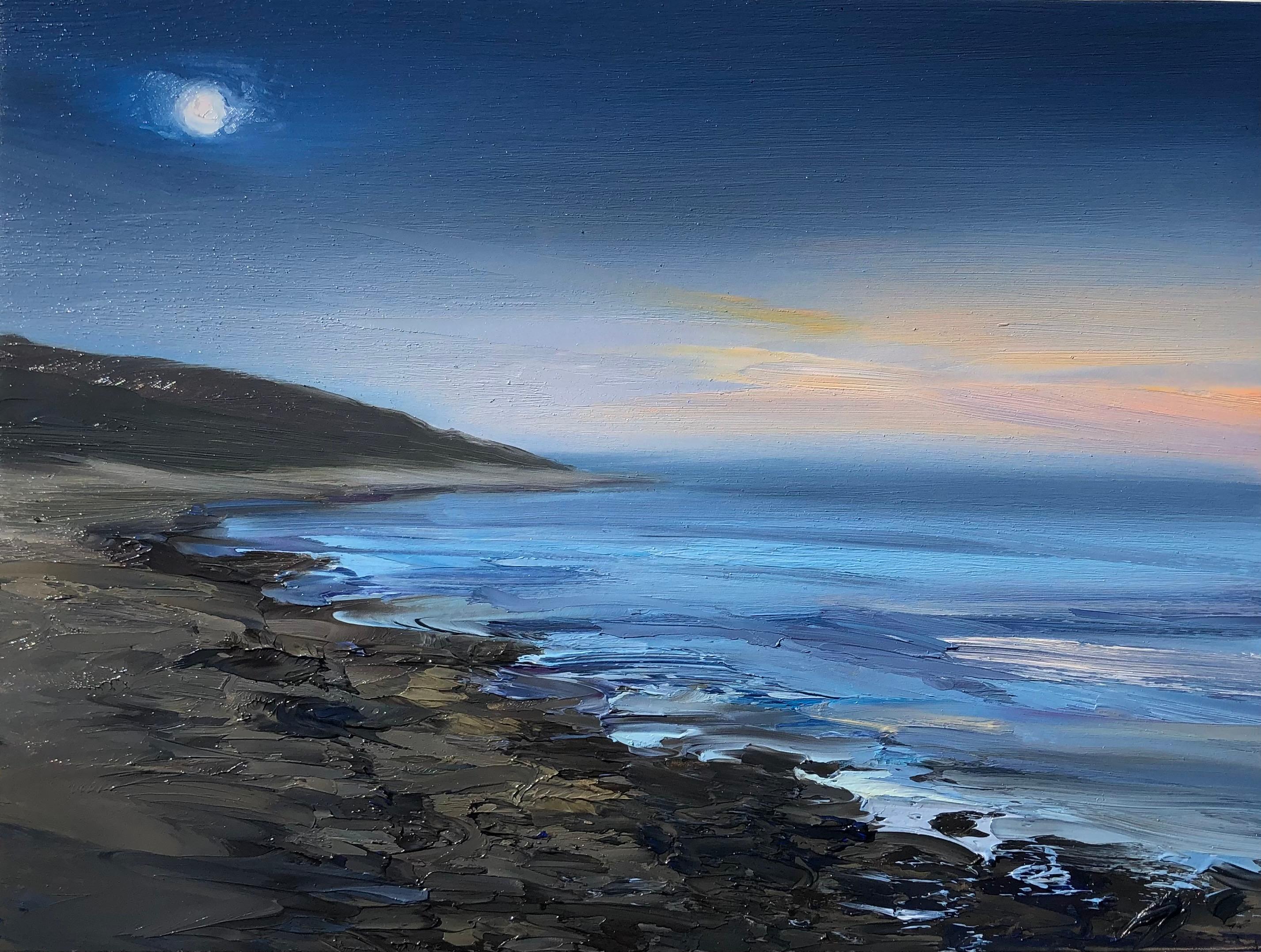 Whitney Knapp Landscape Painting - "Moonrise at Dusk" oil painting of a night sky over shoreline on beach