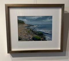 "Mossy Rocks" small scale oil painting seascape with clouds, rocks and beach