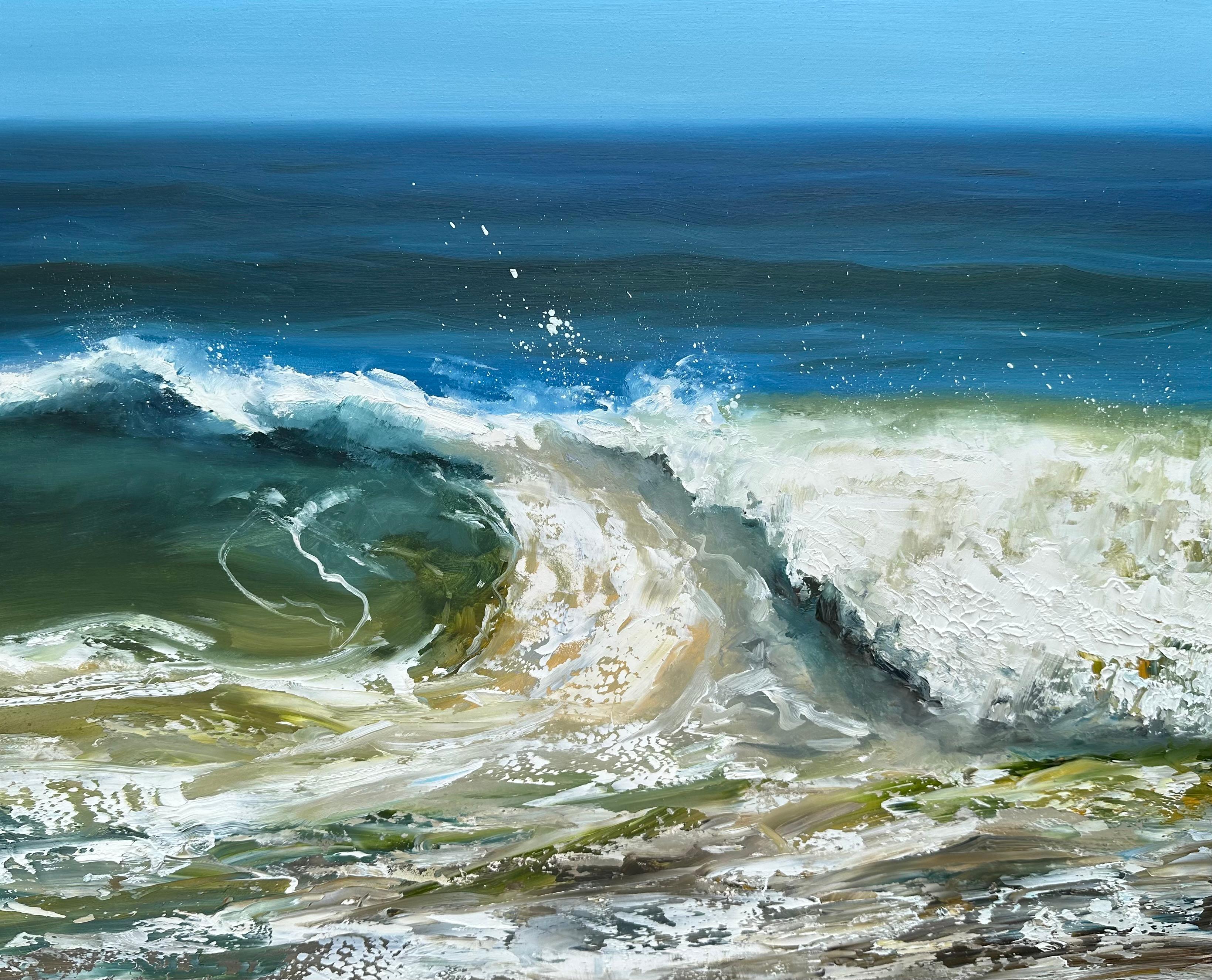 Whitney Knapp Landscape Painting - "Sandy Breaker" oil painting of a crashing blue/green wave in the ocean
