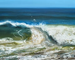 "Sandy Breaker" oil painting of a crashing blue/green wave in the ocean