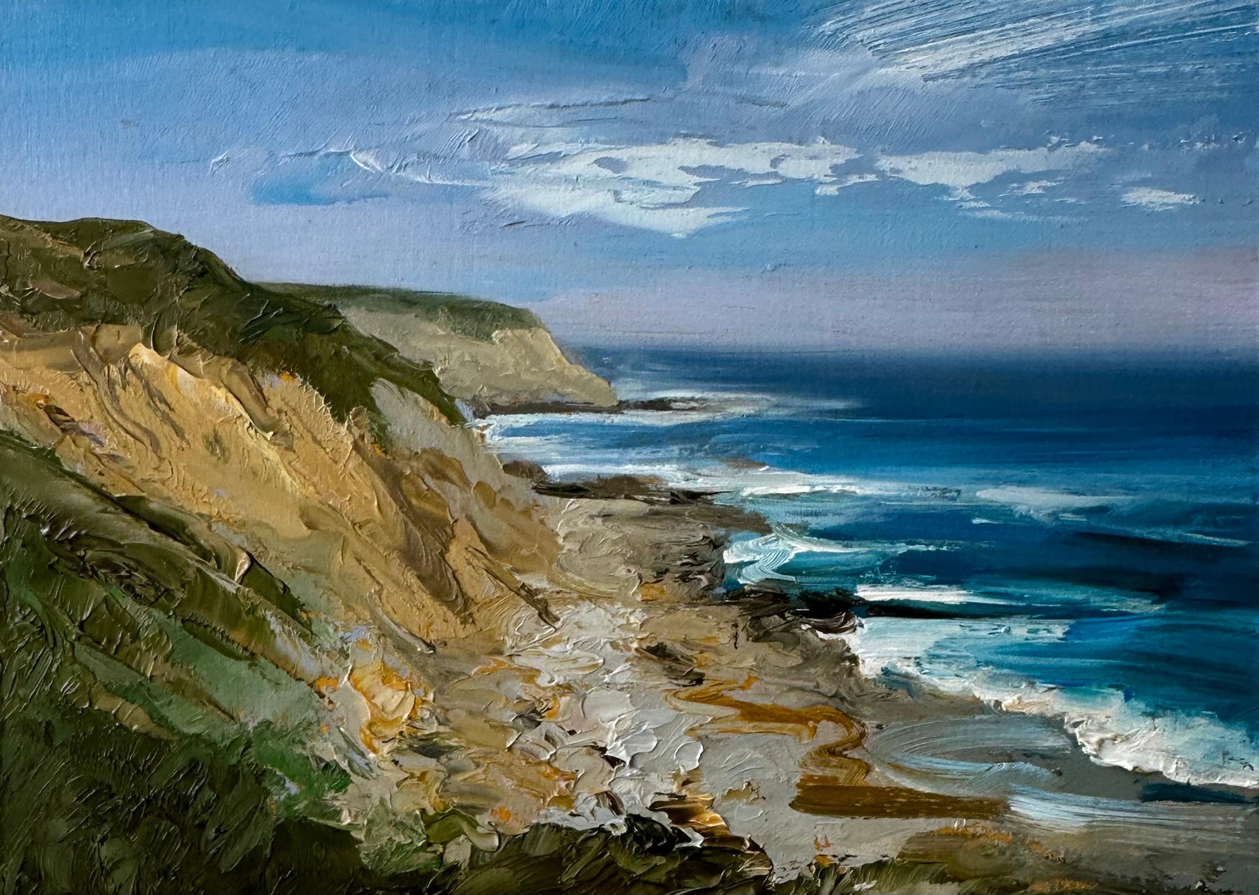 "These Days", a landscape oil painting with a picturesque cliff edge and shore