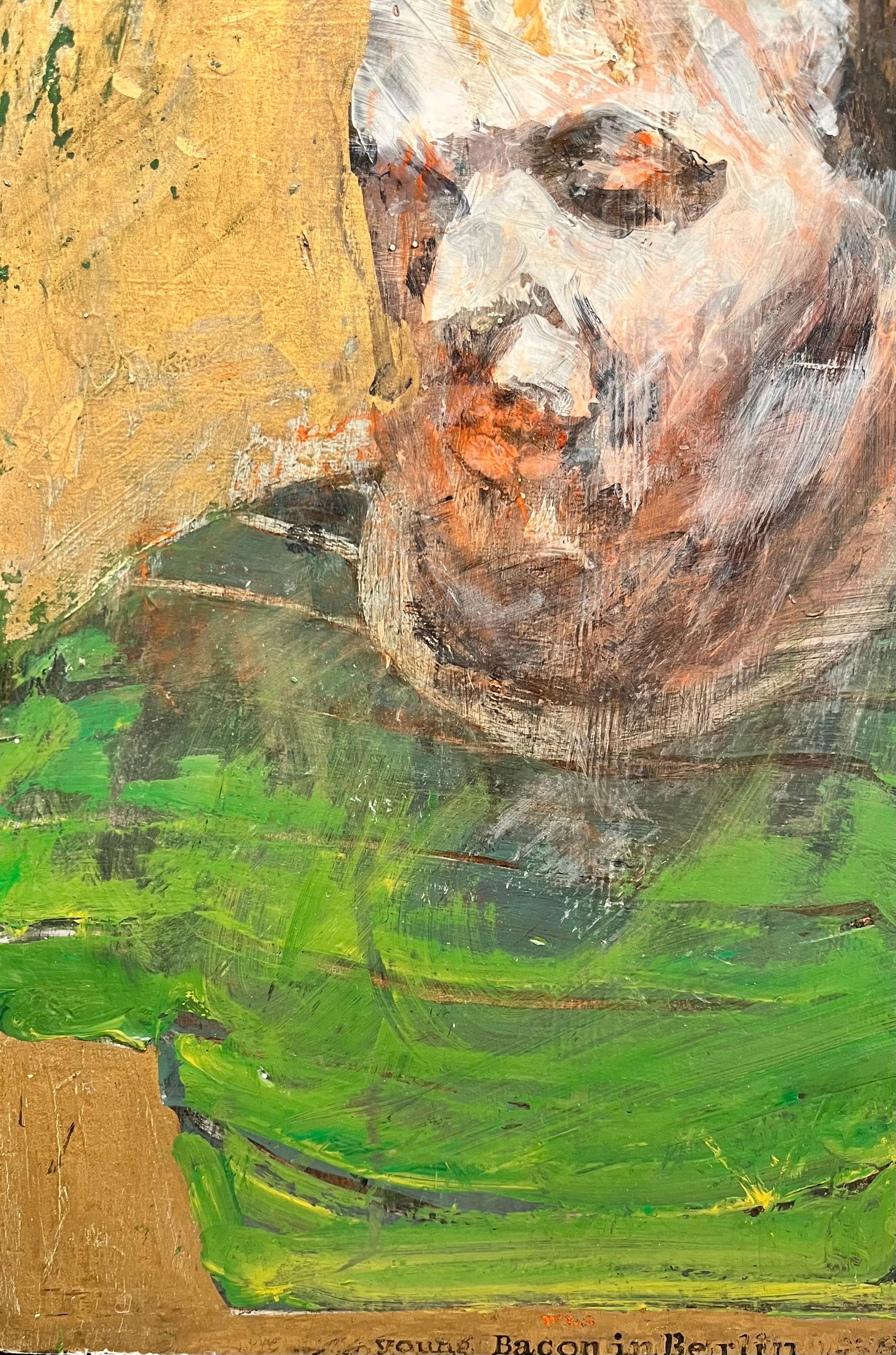 Dieses ausdrucksstarke Porträt von Whitney Lee Savage mit dem Titel Young Portrait of Francis Bacon in Berlin zeigt eine raue und introspektive Sicht auf einen der einflussreichsten Maler des 20. Savage wendet eine kühne, gestische Technik an, die