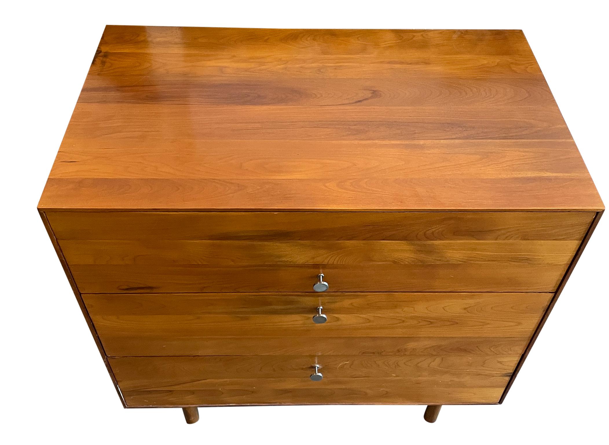 Beautiful Whitney American made Mid-Century Modern solid birch 3 drawer dresser nickel pulls and sliding jewelry tray. Blonde birch finish with lower aluminum stretcher with round wooden legs. Great construction and design. clean inside and out.