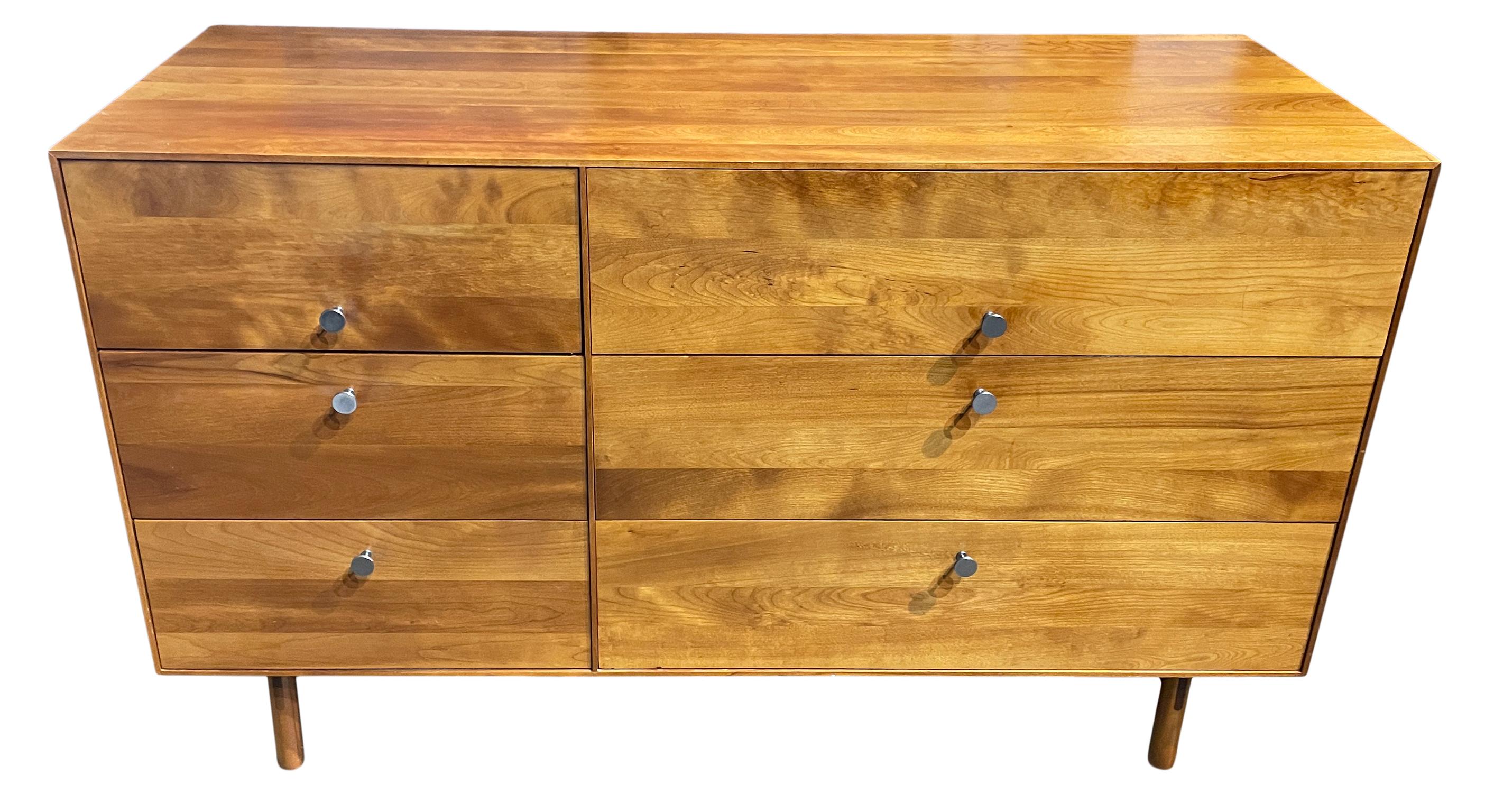 Beautiful Whitney American made Mid-Century Modern solid birch 6 drawer dresser nickel pulls and sliding jewelry tray. Blonde birch finish with lower aluminum stretcher with round wooden legs. Great construction and design. clean inside and out.