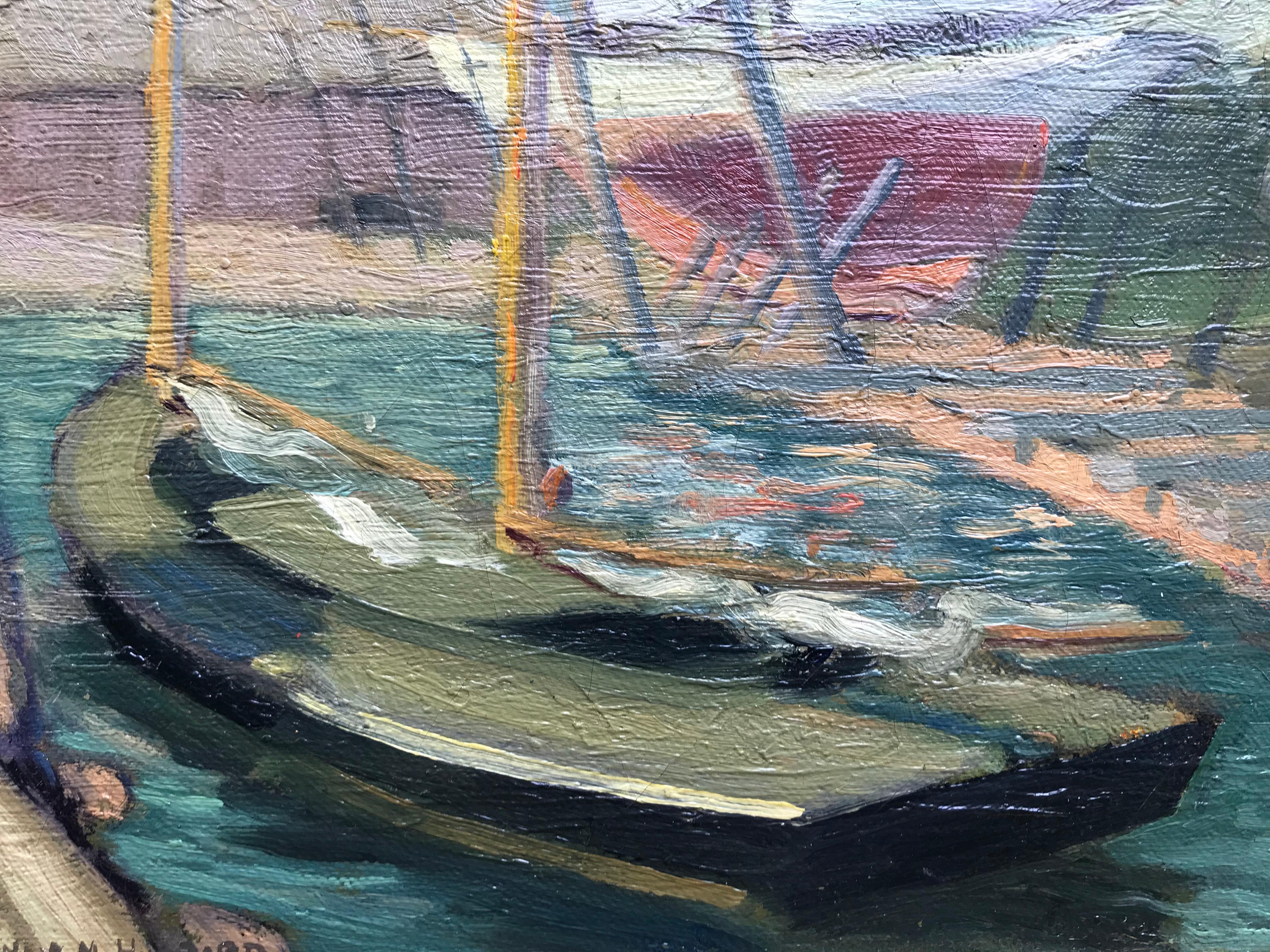 “Sailboat In Greenport Harbor” - Gray Landscape Painting by Whitney Myron Hubbard