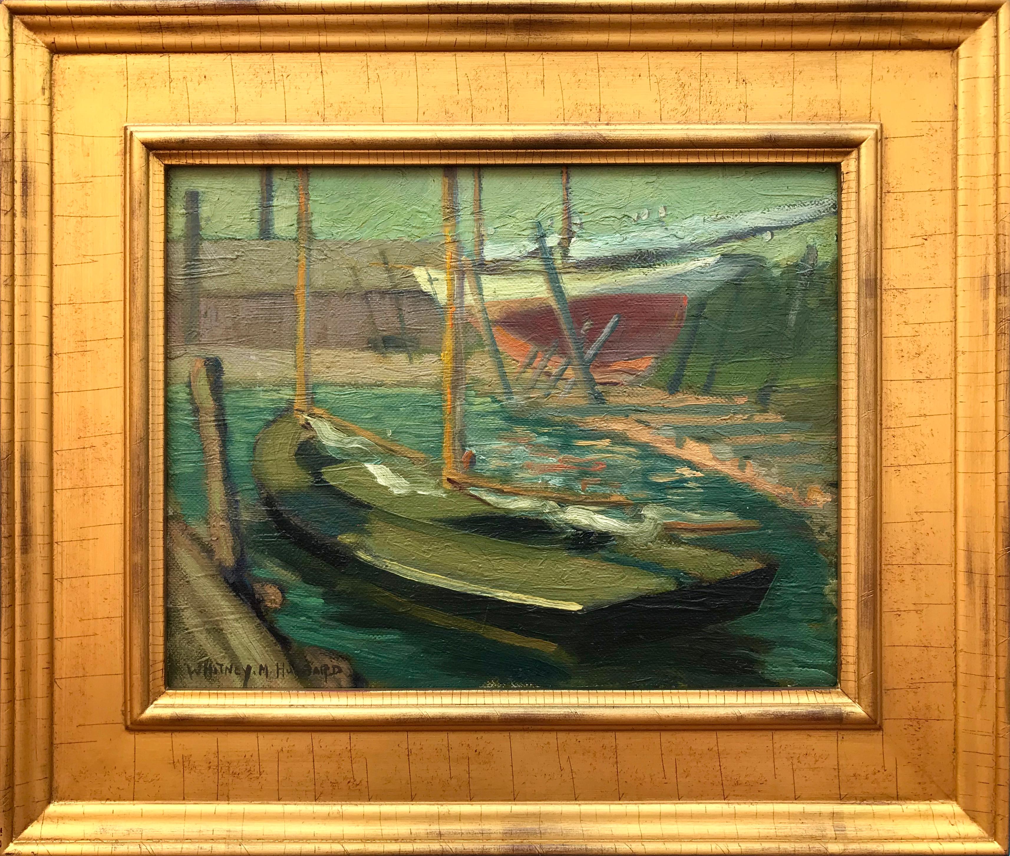 Oil paint on artist board painting of a sailboat docked in Greenport  Harbor, Long Island.  Signed lower left. Condition is very good.  Circa 1940. The painting is framed in a contemporary gold leaf with green painted insert. Measurements framed in