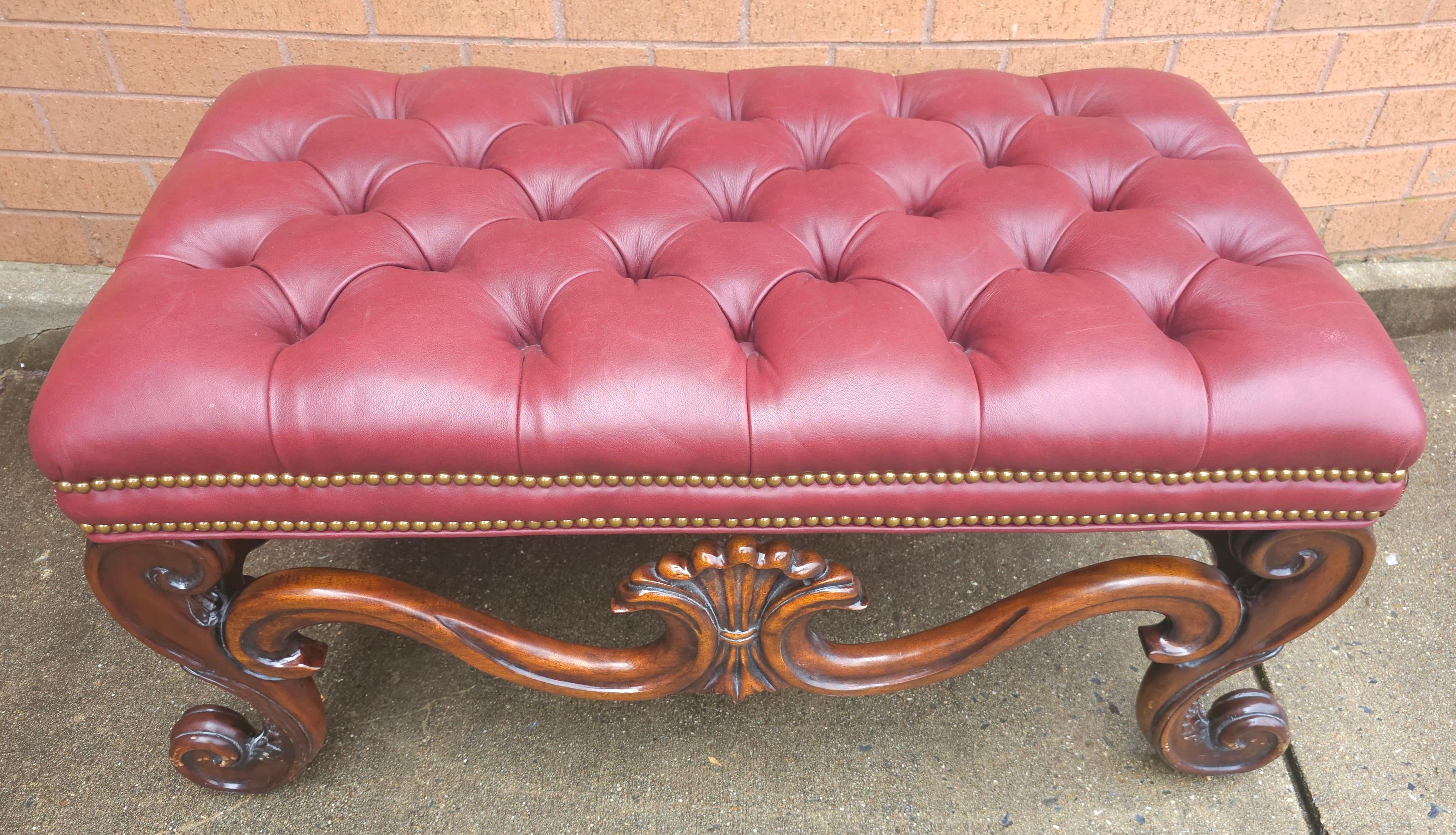 Other Whittemore-Cherrill Mahogany Brass Nail Trims & Maroon Leather Upholstered Bench For Sale