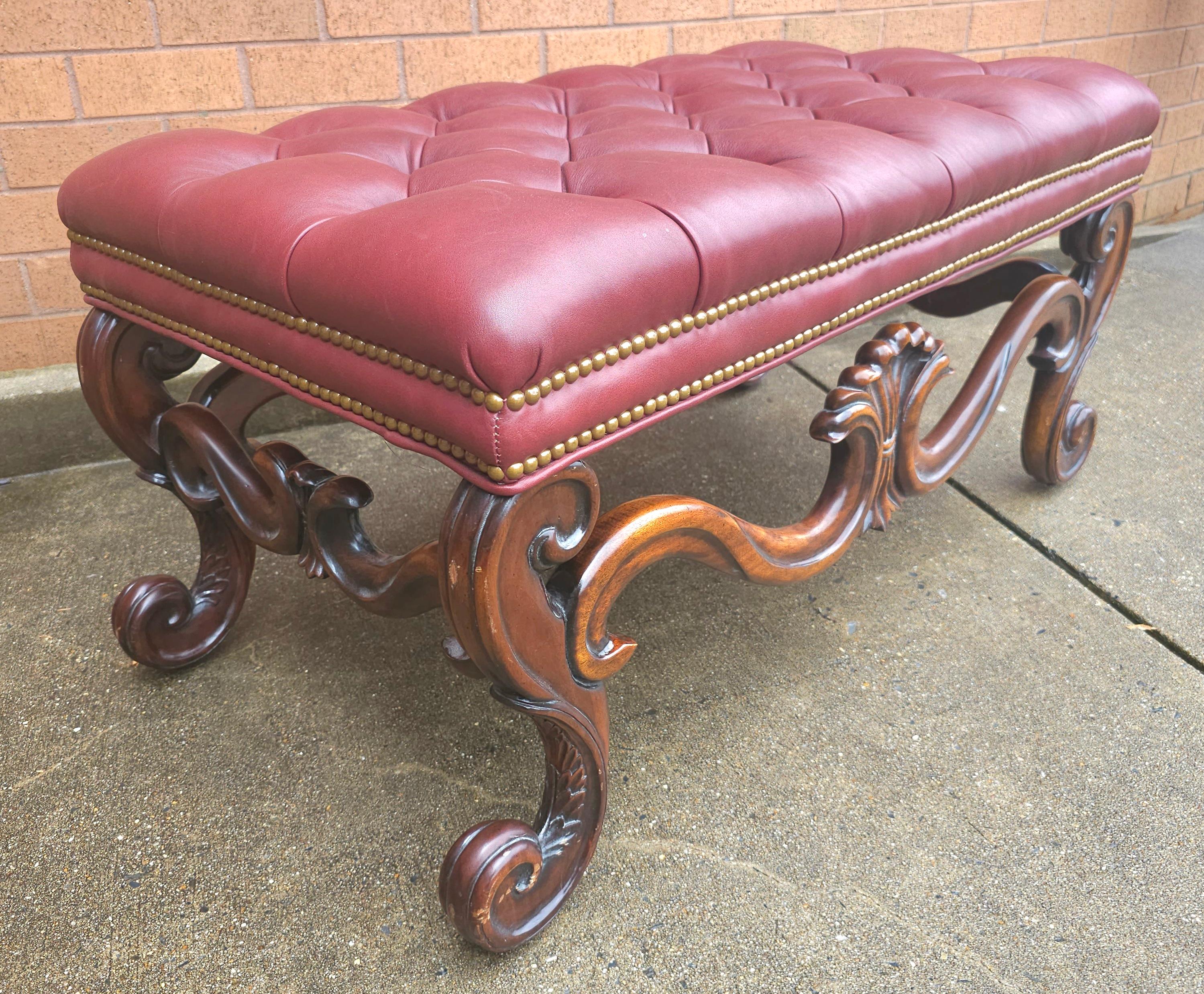 Other Whittemore-Cherrill Mahogany Brass Nail Trims & Maroon Leather Upholstered Bench For Sale