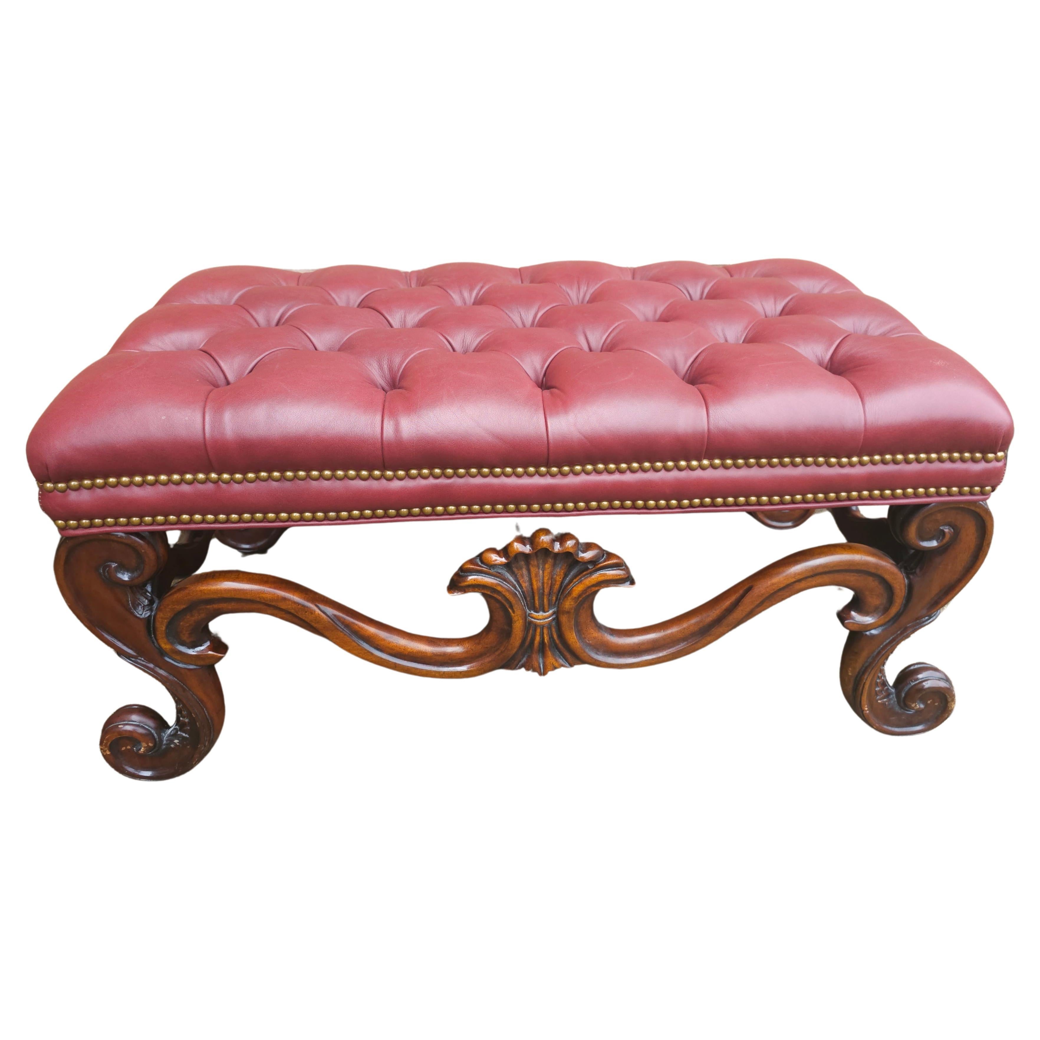Whittemore-Cherrill Mahogany Brass Nail Trims & Maroon Leather Upholstered Bench For Sale
