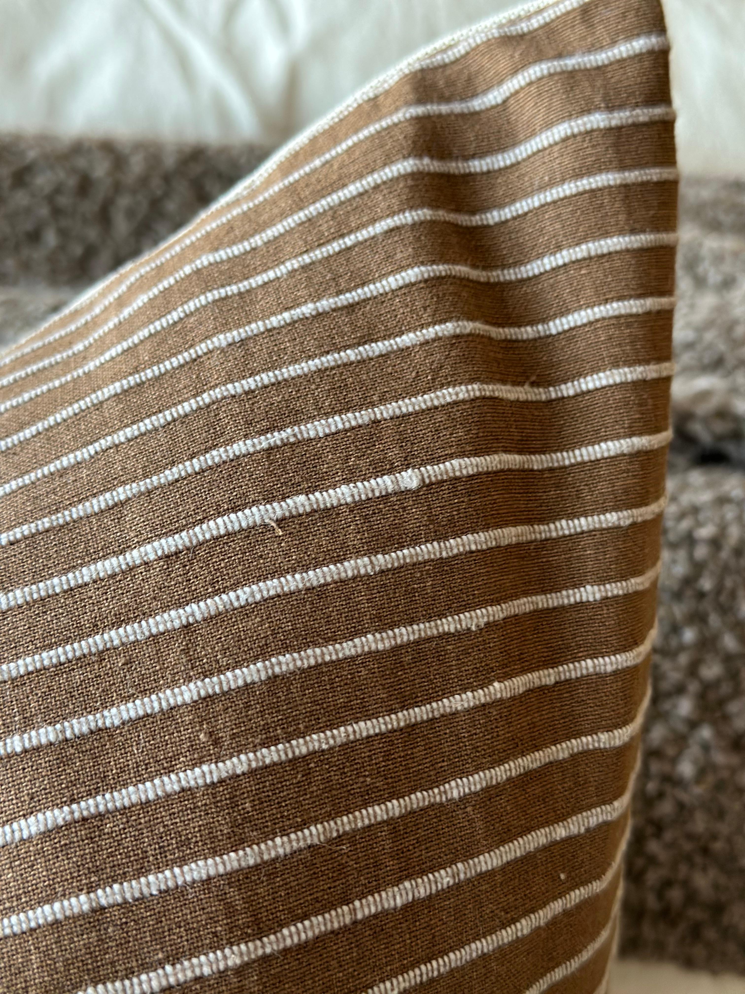 Contemporary Whittier Brown and Cream Stripe Linen Pillow with Down Insert For Sale
