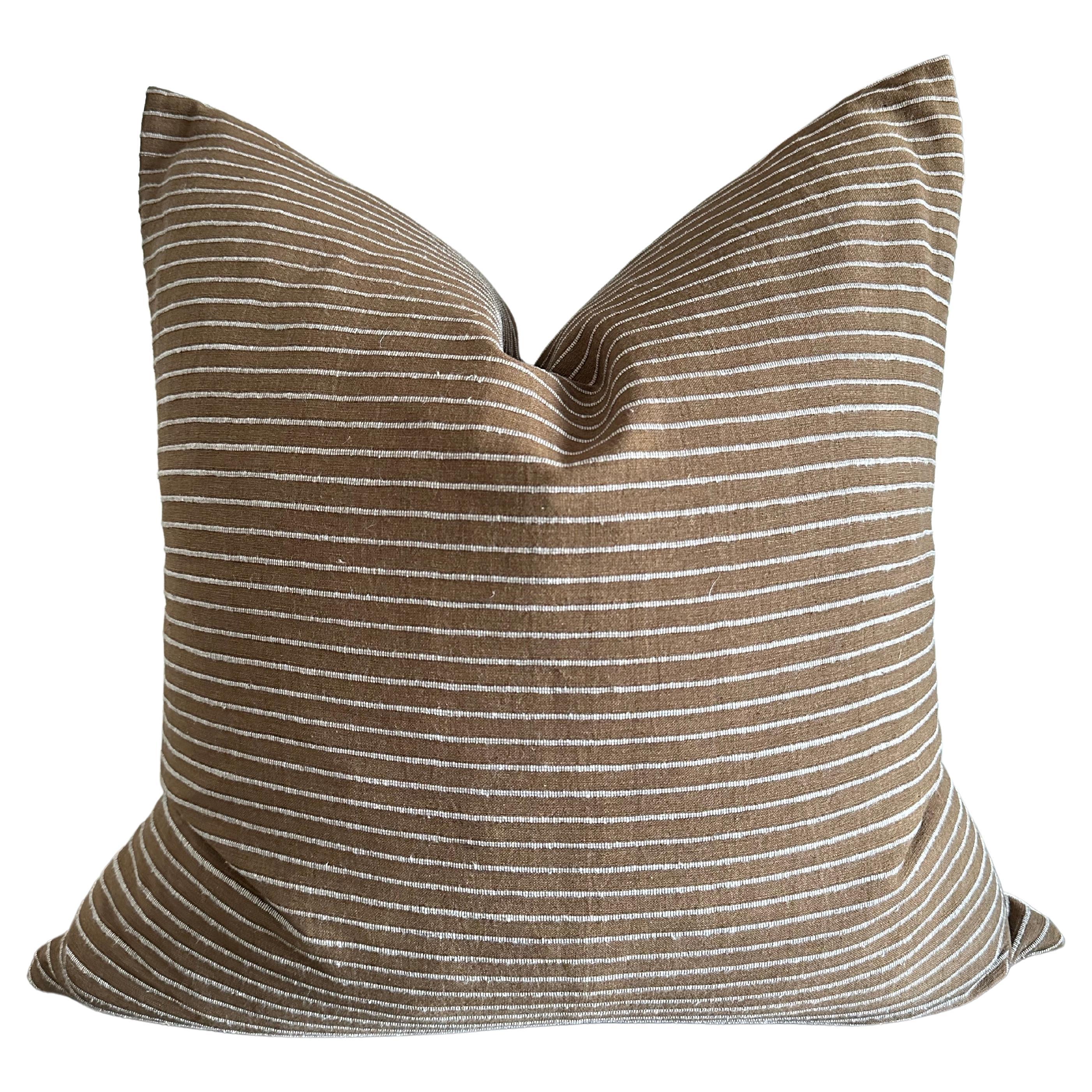 Whittier Brown and Cream Stripe Linen Pillow with Down Insert For Sale