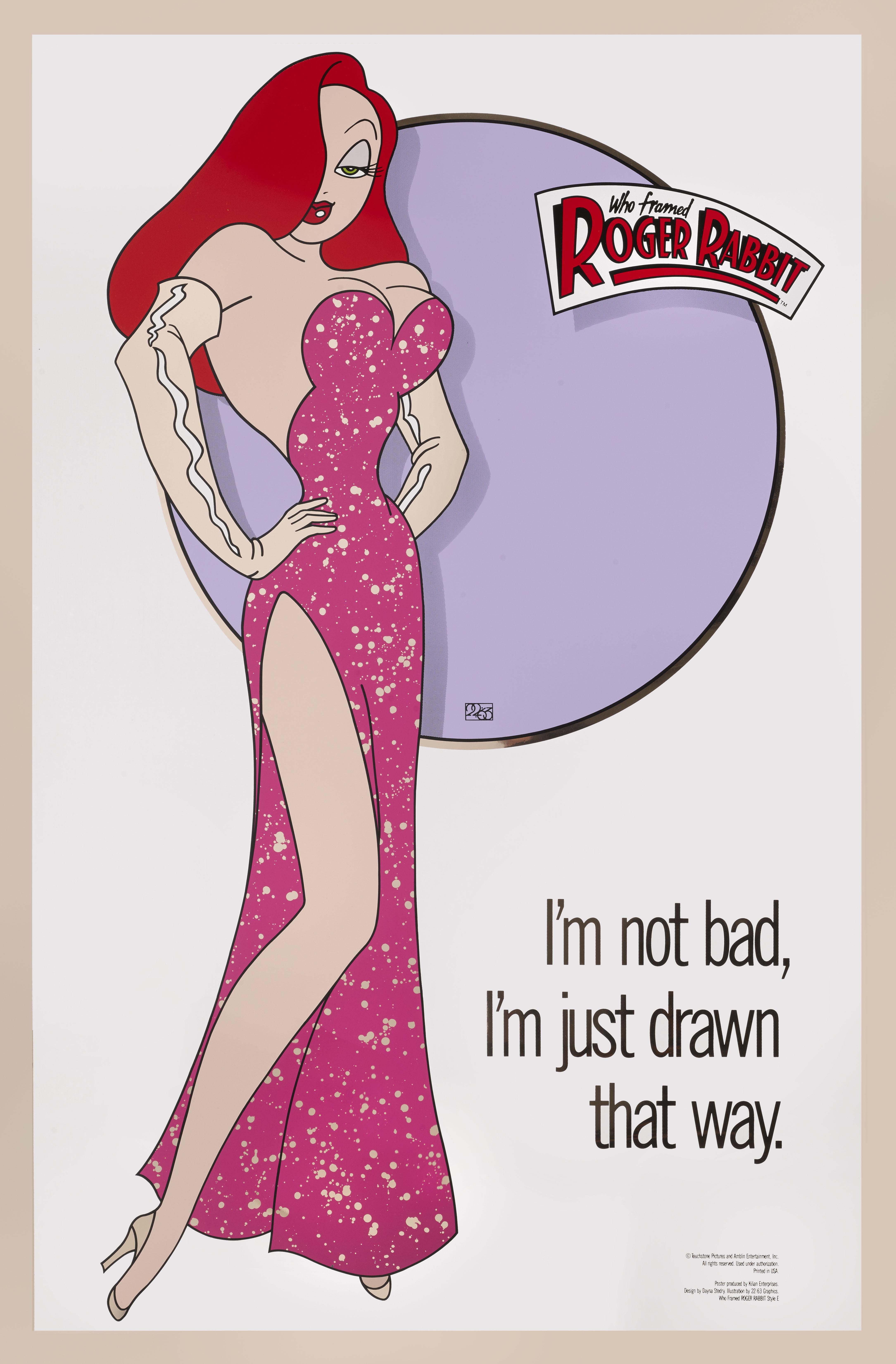 Original US Limited edition of 750 un-numbered (Gold Mylar) poster.
This special foil Gold Mylar poster of Jessica Rabbit with the classic tagline 'I'm not bad, I'm just drawn that way', was created by Kilian Enterprises in 1988 under license from