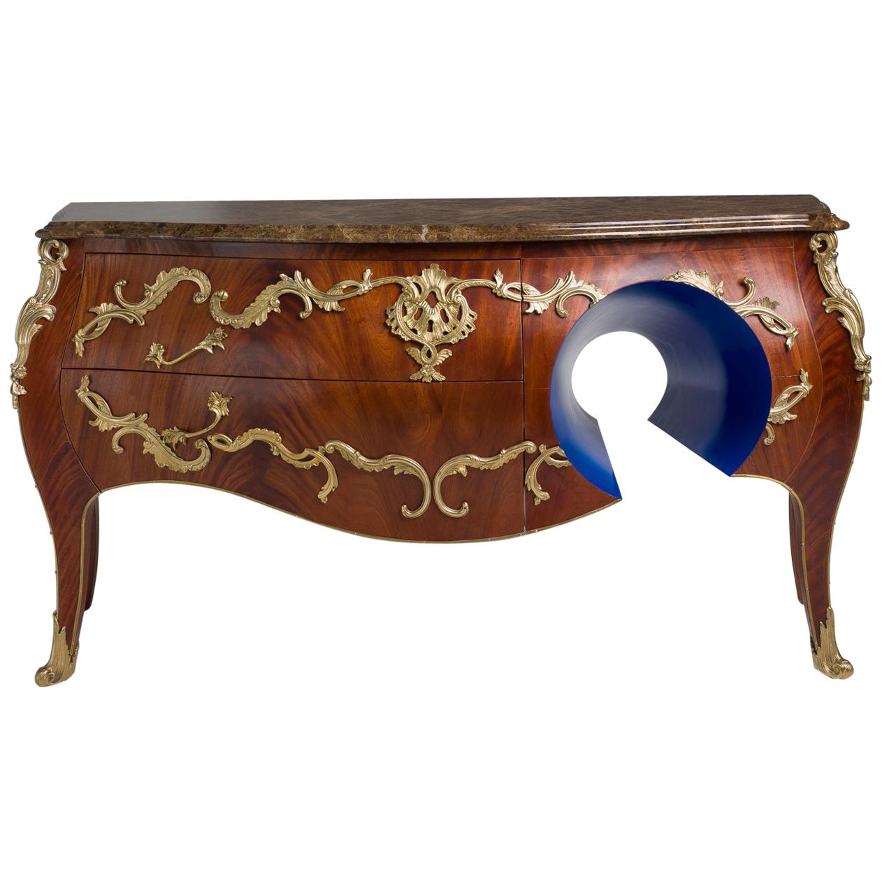 (W)HOLE Hand Carved Chest of Drawers with Marble top and Brass Decorations For Sale