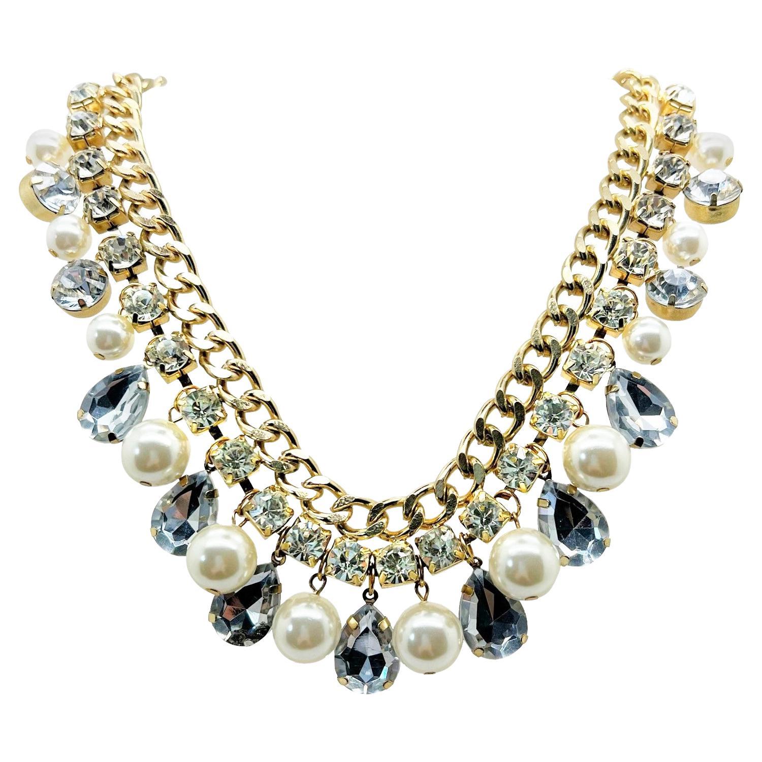 Whole pearl and crystal droplet chain necklace 2000s For Sale