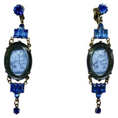 Whoopi Goldberg Estate Art Deco Cupid Intaglio Cameo Earrings 3 Inches Dangle