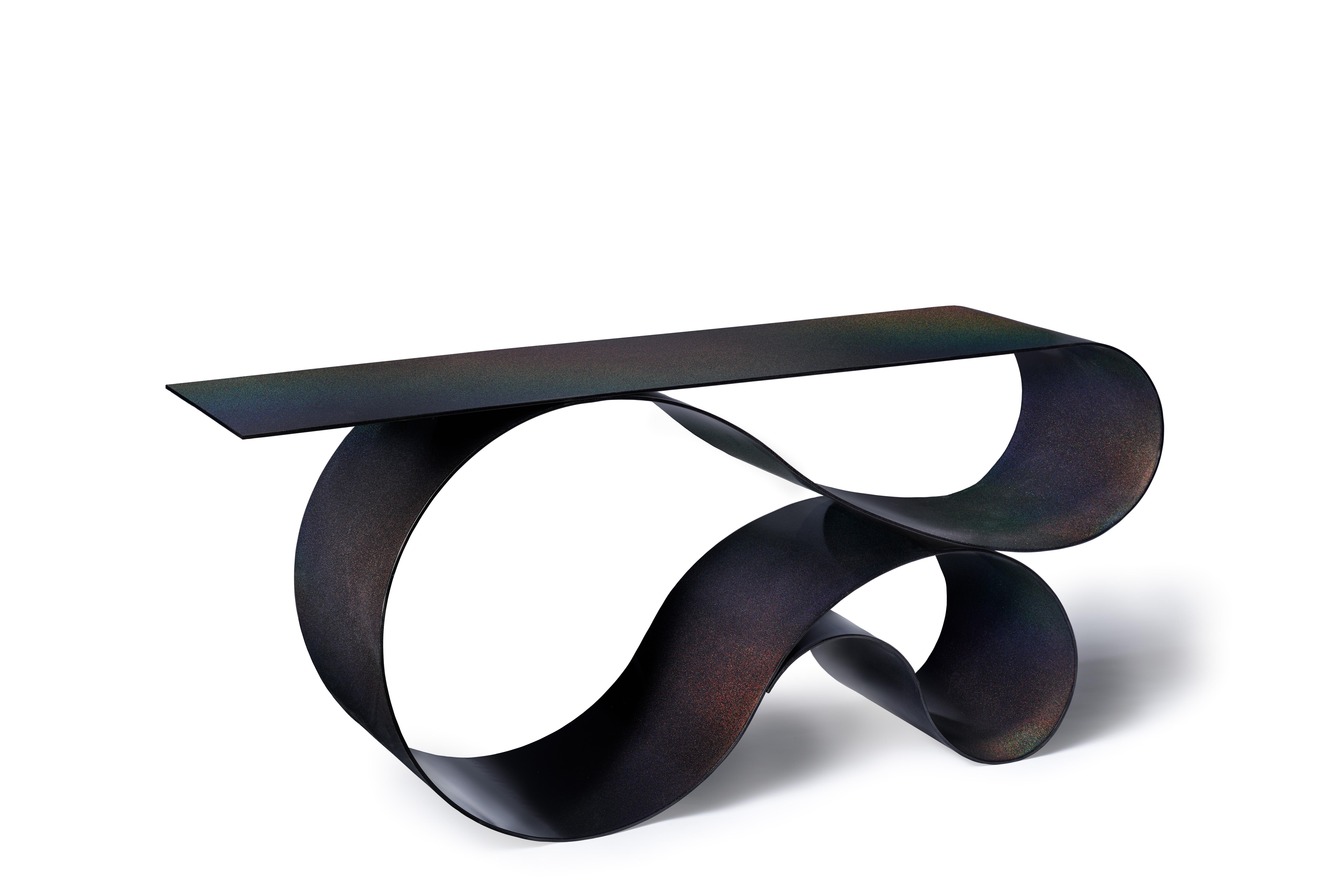 Whorl console in black iridescent powder coated aluminum by Neal Aronowitz Design
Dimensions: D 43.2 x W 160 x H 76.2 cm
Materials: Powder coated aluminium.
Size, colors and finish can be modified and customized. 

An elegant and powerful