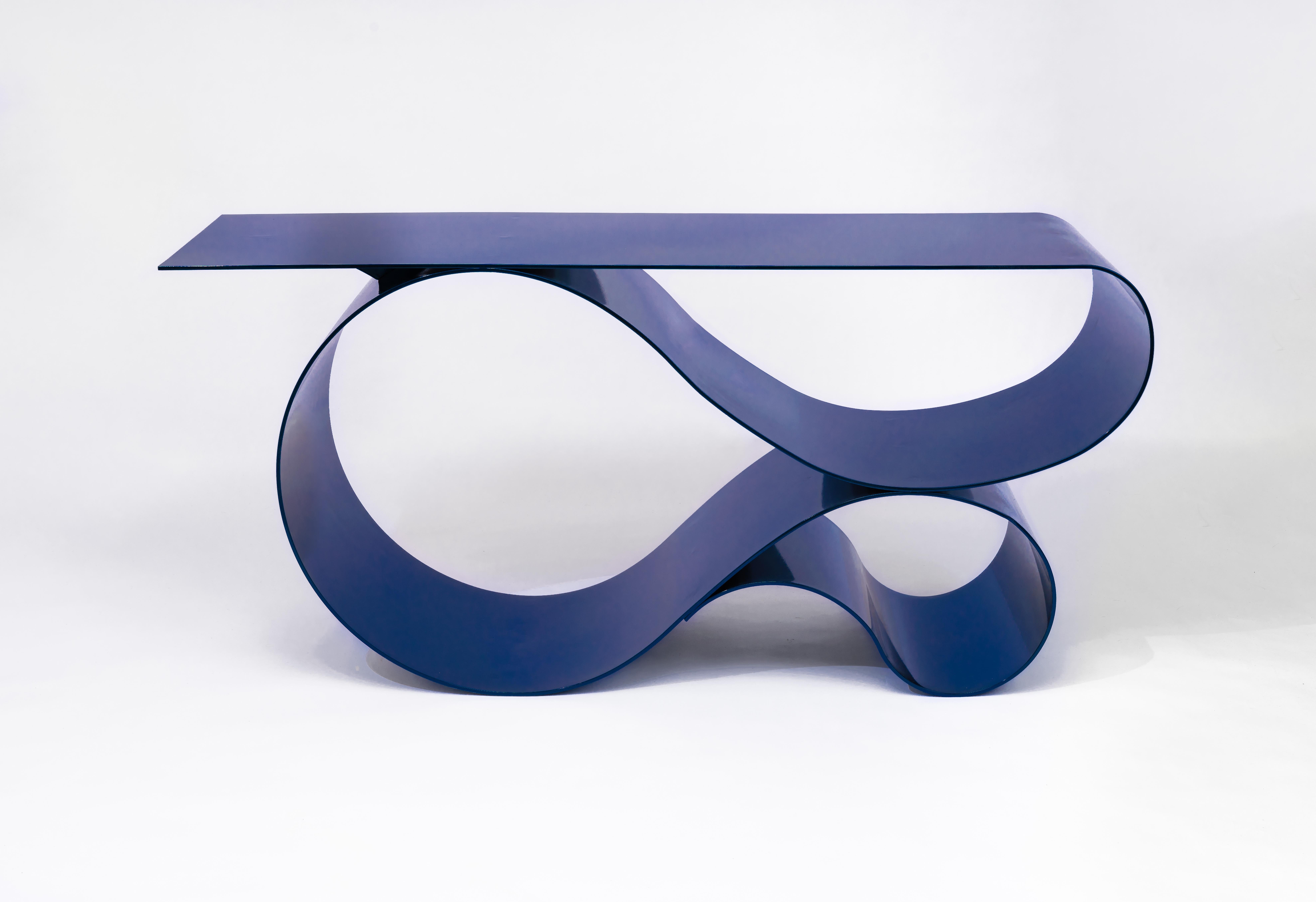 Post-Modern Whorl Console in Blue Powder Coated Aluminum by Neal Aronowitz Design For Sale