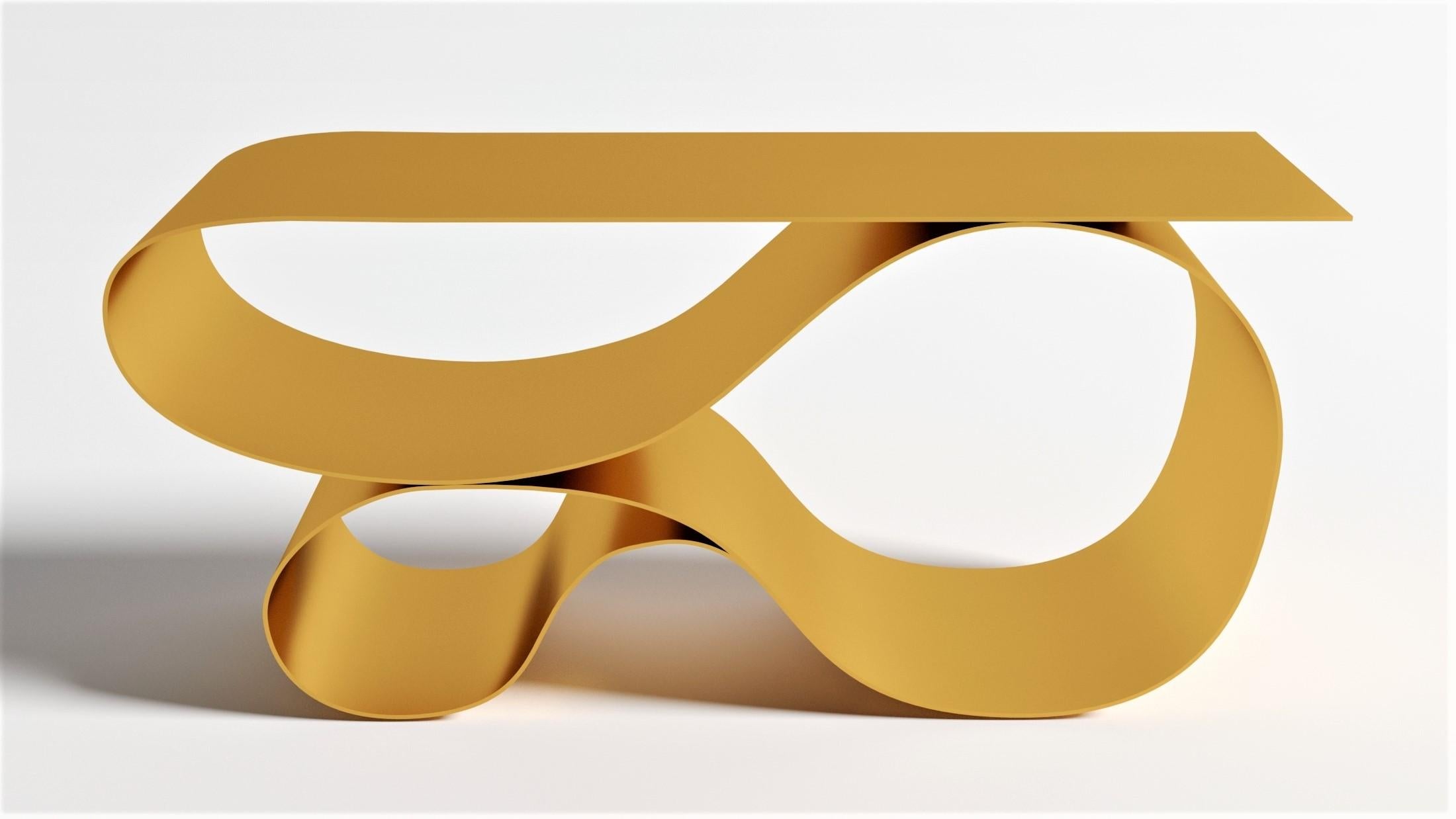Whorl console in gold powder coated aluminum by Neal Aronowitz Design
Dimensions: D 43.2 x W 160 x H 76.2 cm
Materials: Powder coated aluminium.
Size, colors and finish can be modified and customized.

An elegant and powerful sculptural