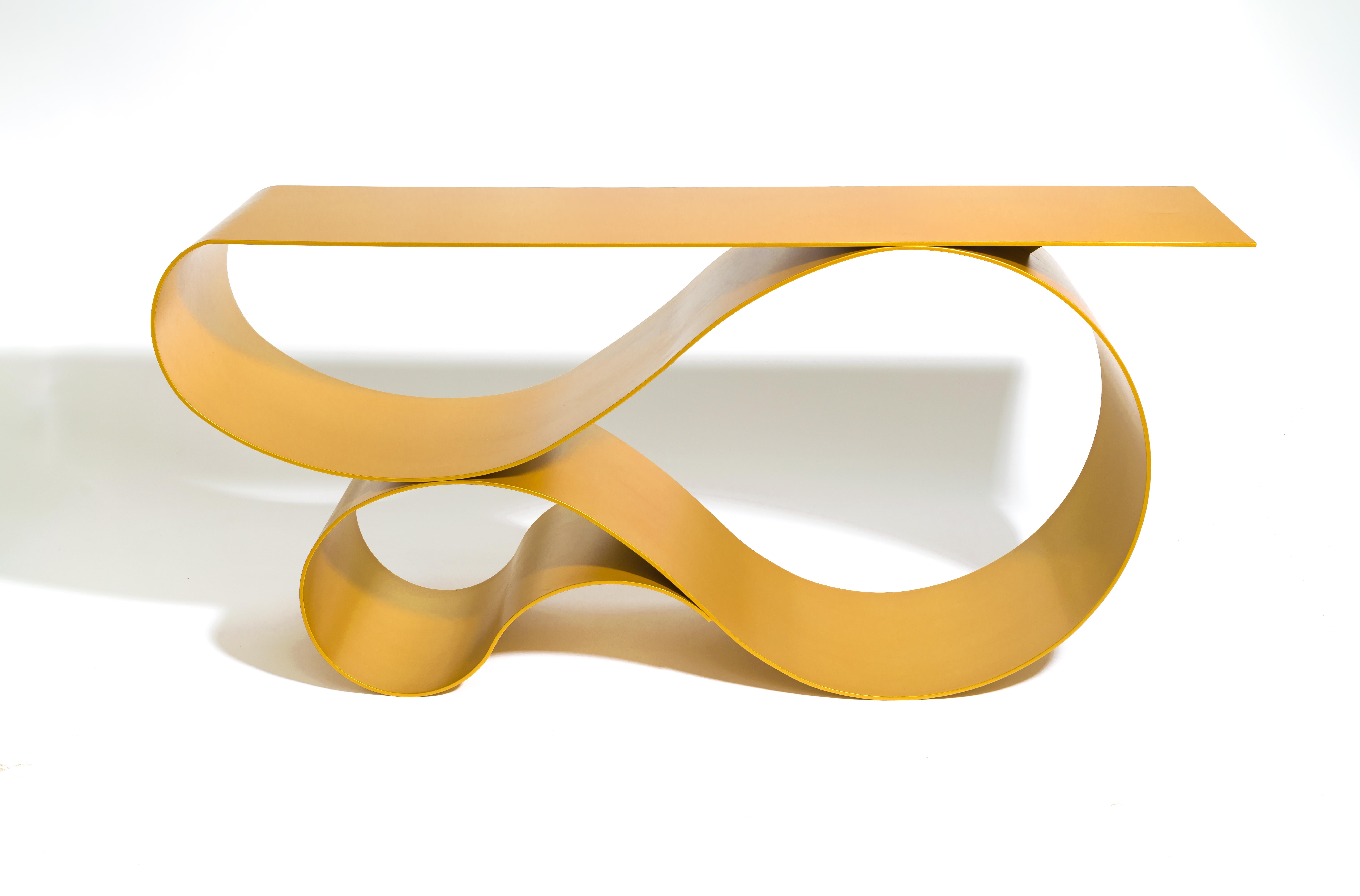 Whorl Console, in Gold Powder Coated Aluminum by Neal Aronowitz For Sale 1