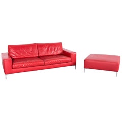 Who
s Perfect Designer Leather Sofa an Footstool Set Red Three-Seat Couch