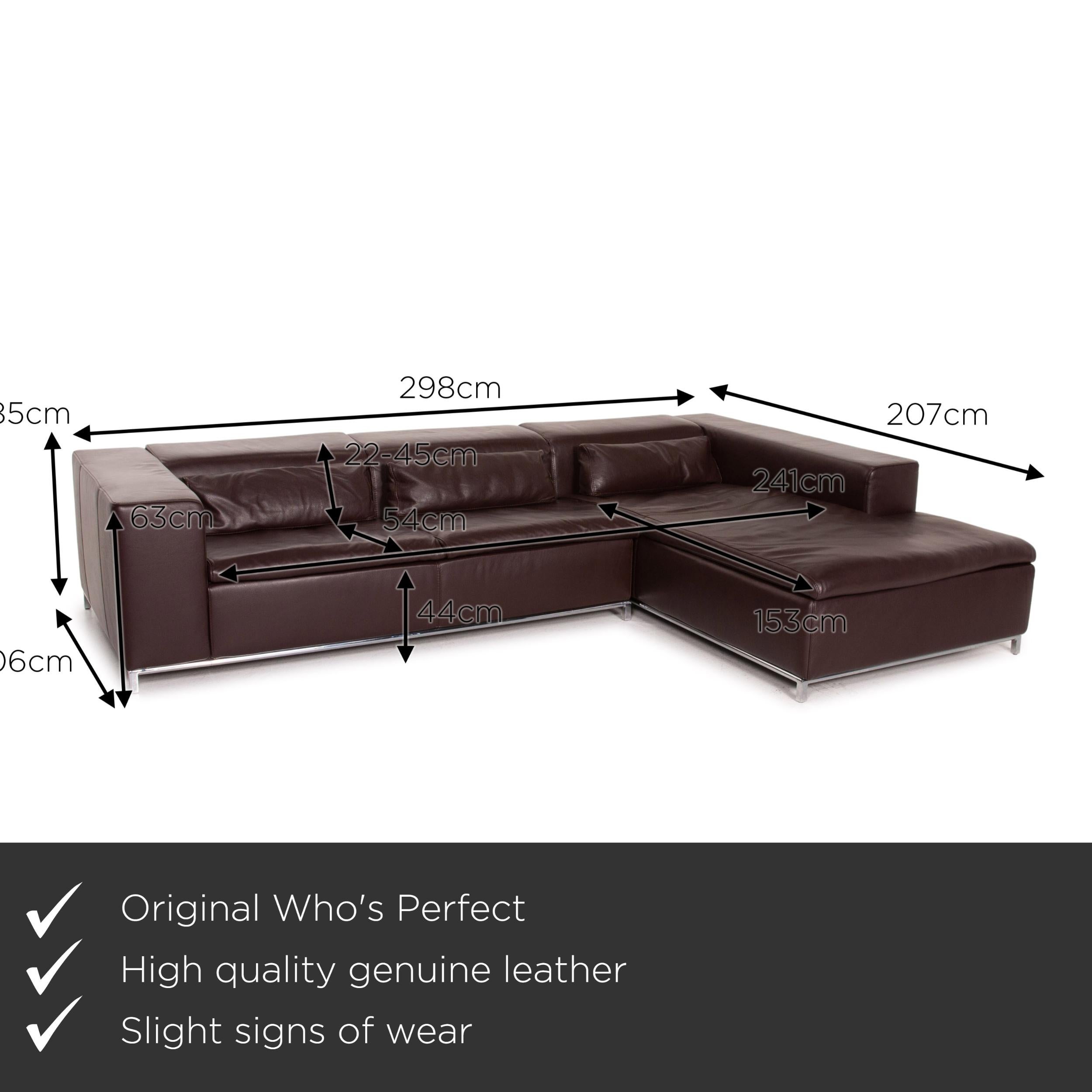 We present to you a Who's Perfect leather corner sofa brown dark brown sofa couch.
 
 

 Product measurements in centimeters:
 

Depth 106
Width 298
Height 63
Seat height 44
Rest height 63
Seat depth 54
Seat width 241
Back height 22.