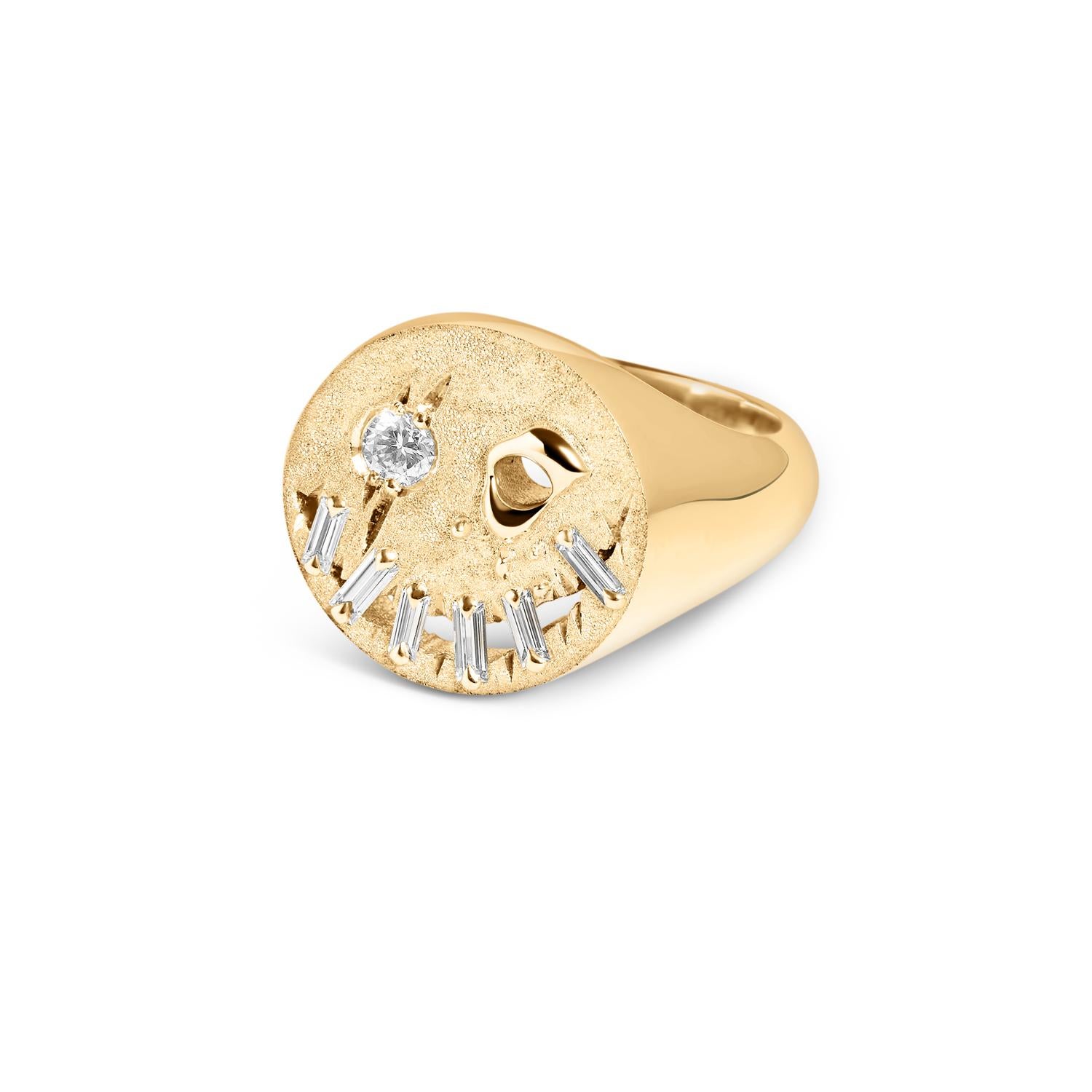 Contemporary Why So Serious? – Signet Ring – Smile – 9ct yellow Gold & Baguette Diamonds For Sale