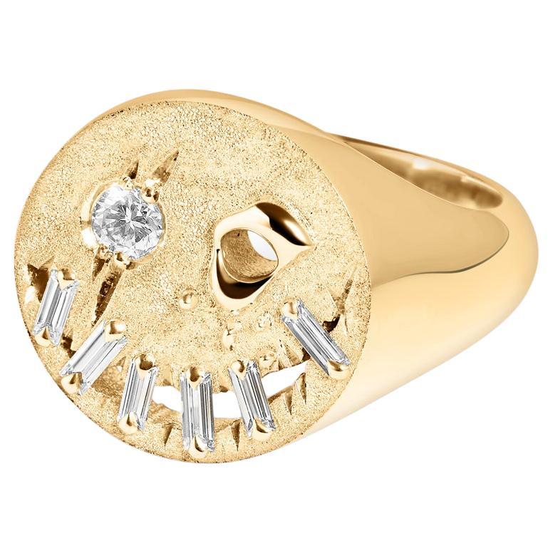 Why So Serious? – Signet Ring – Smile – 9ct yellow Gold & Baguette Diamonds For Sale