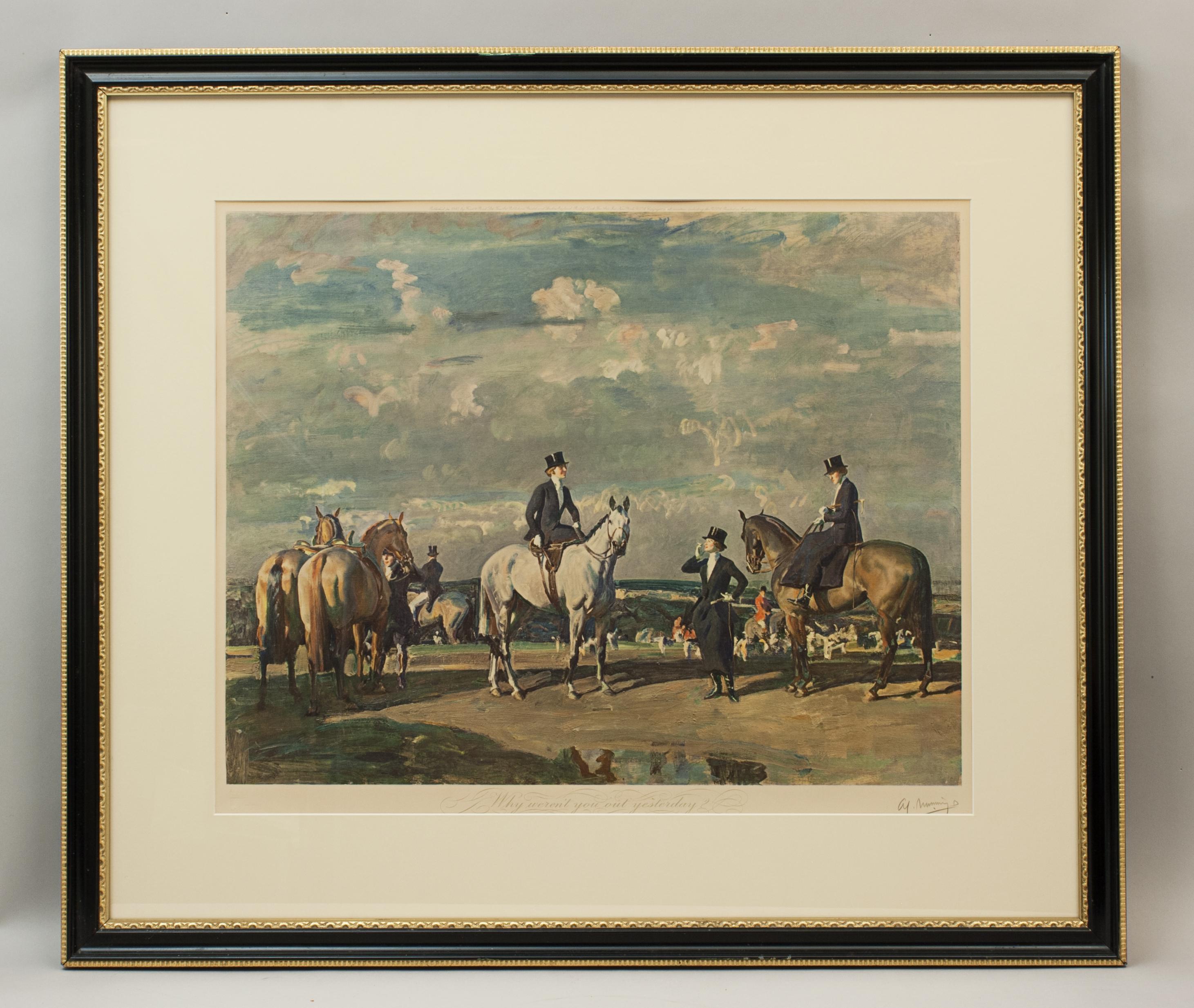 Equestrian lithograph print by Sir Alfred James Munnings, Why Weren't You Out Yesterday?
An original framed and signed artist's proof print 'Why weren't you out yesterday? by Sir Alfred James Munnings. The equestrian print is signed in pencil in